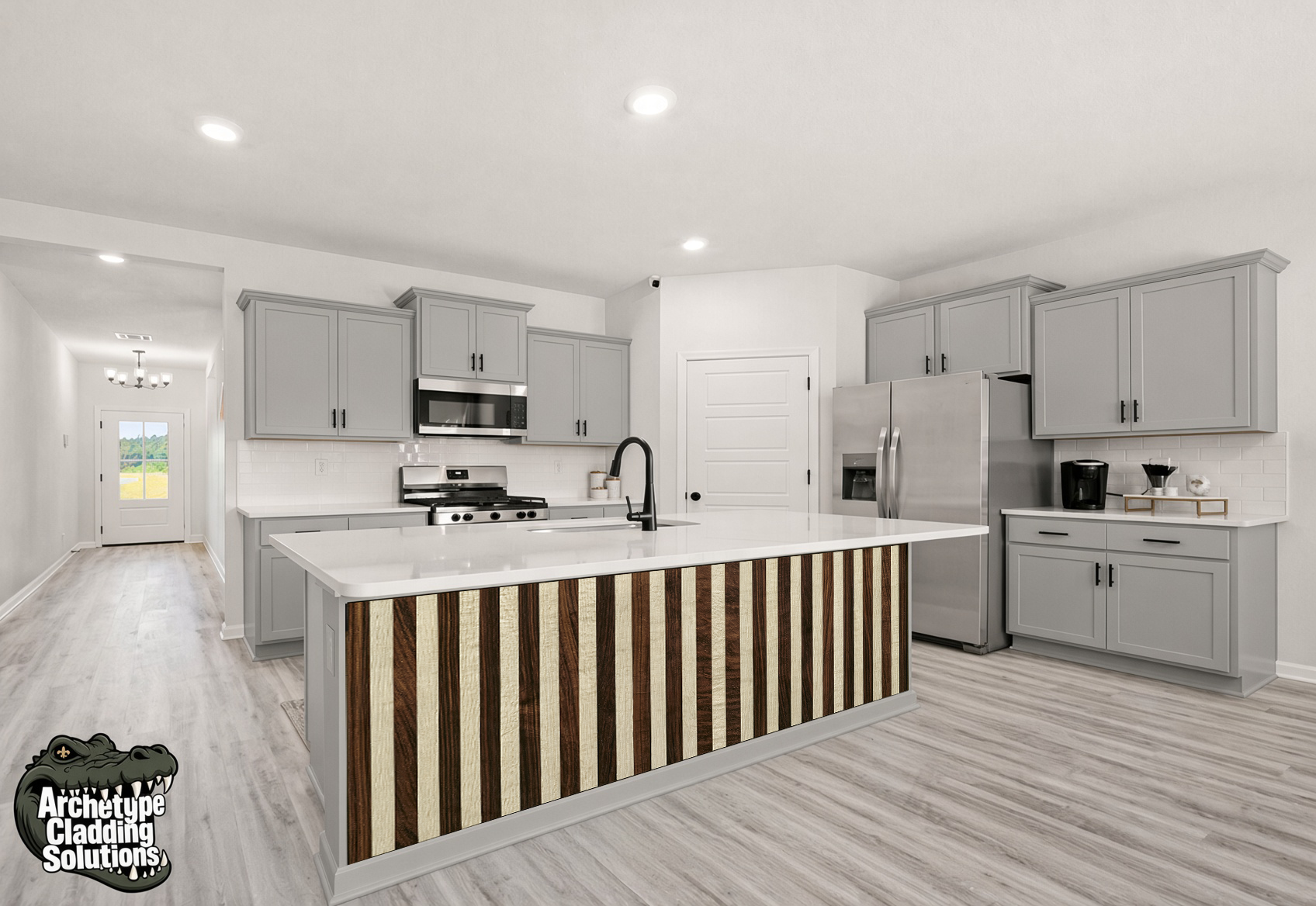 Alternating Walnut & Blonde Oak Slat – Architectural Kitchen Island Cladding