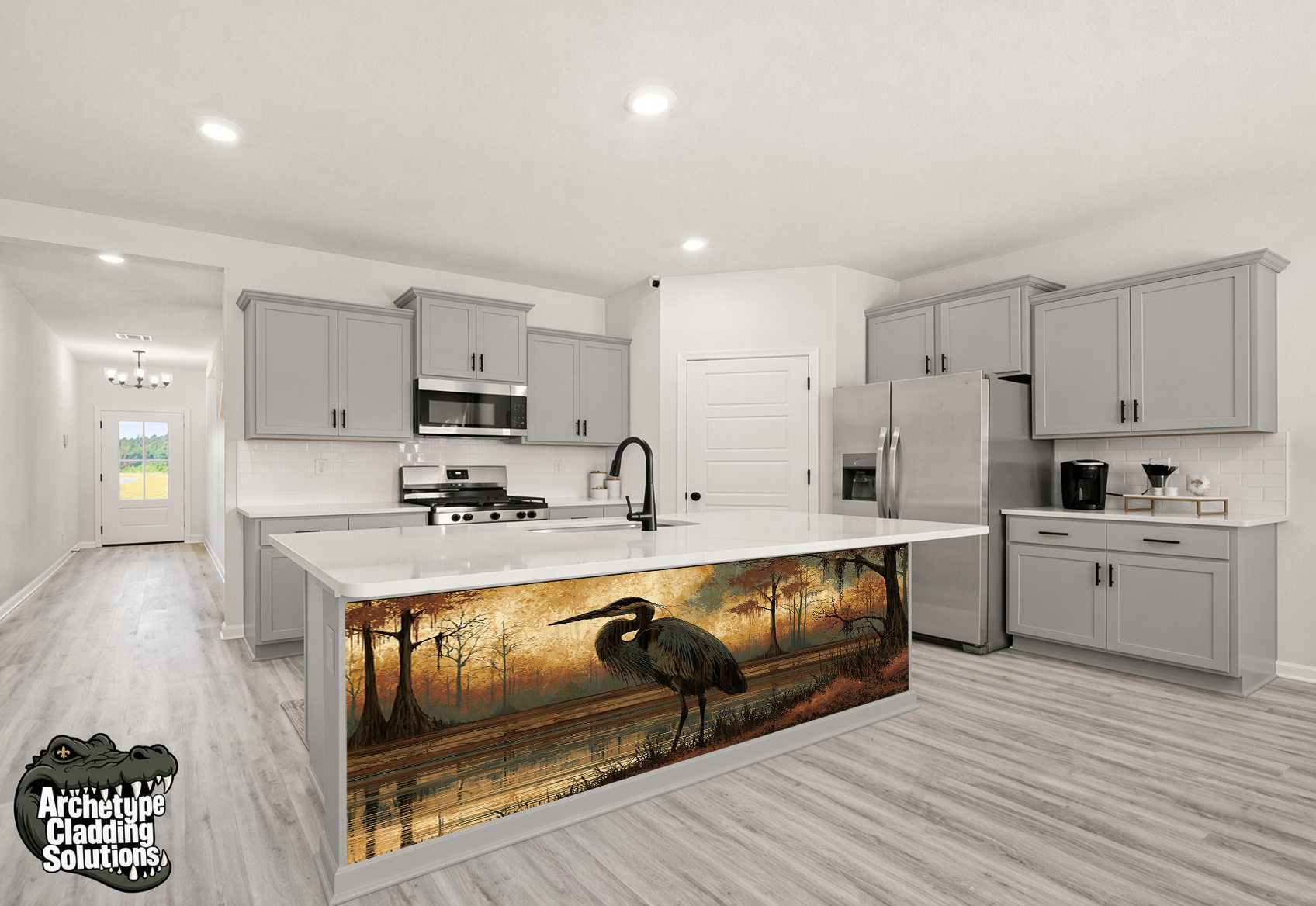 Golden Sunset Heron – Architectural Kitchen Island Cladding
