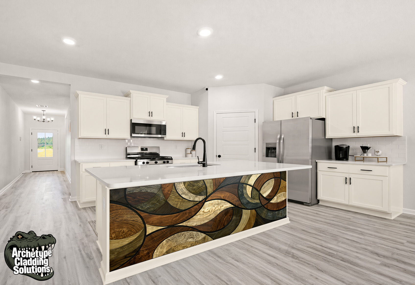 Overlapping Wood Arcs – Architectural Kitchen Island Cladding