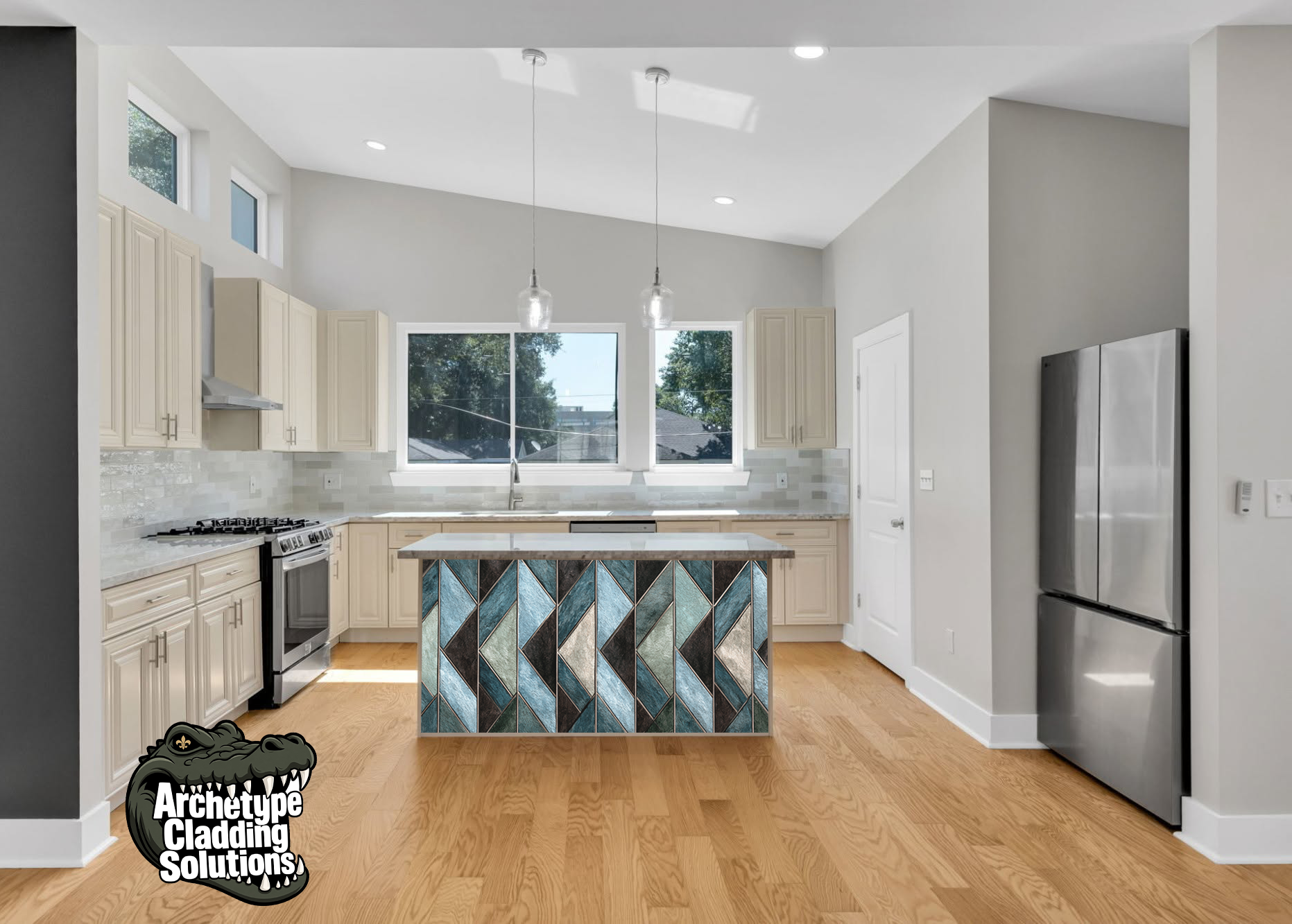 eal & Copper Geometric Chevron Inlay – Architectural Kitchen Island Cladding