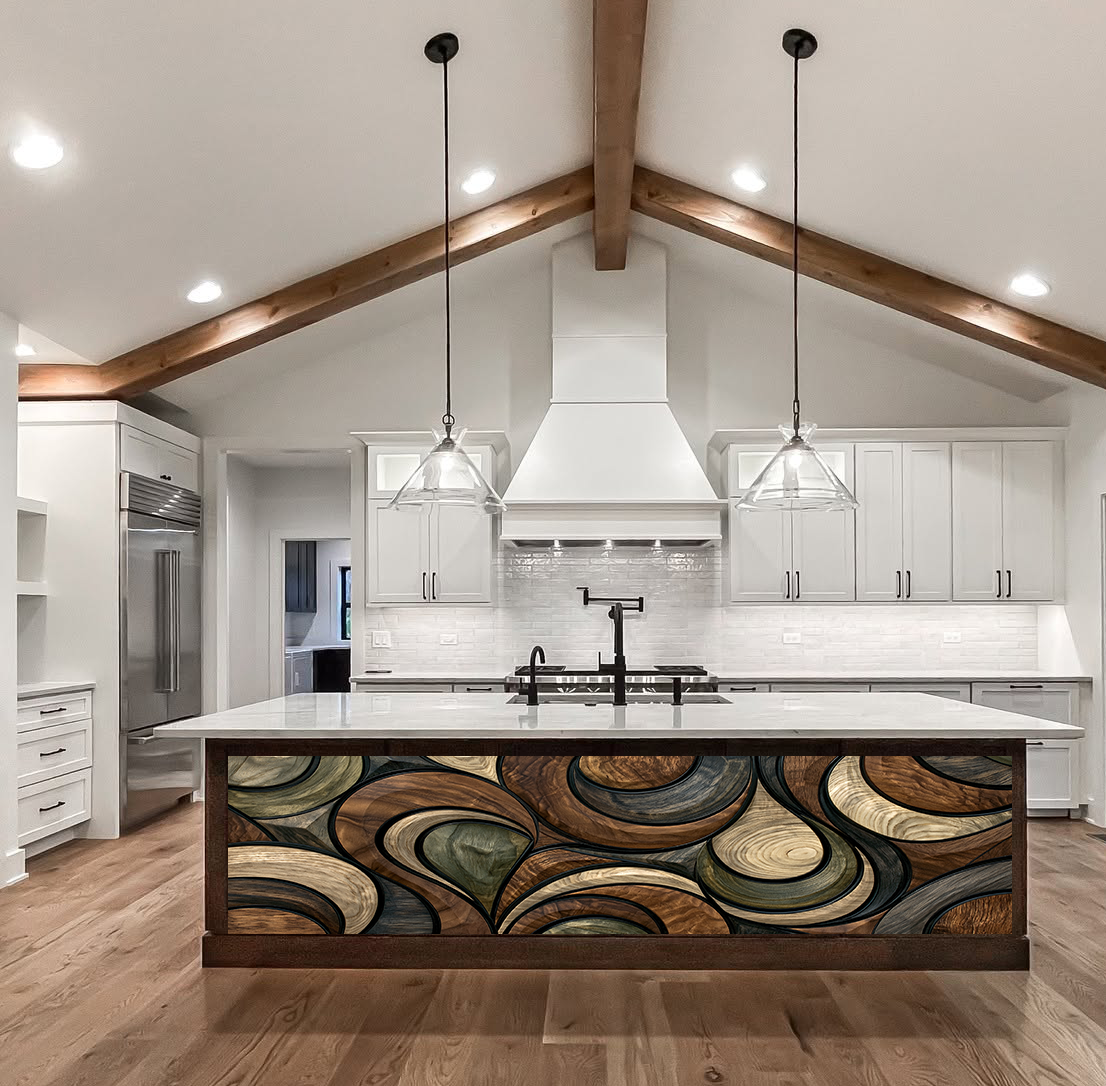 Swirling Timber Current – Architectural Kitchen Island Cladding