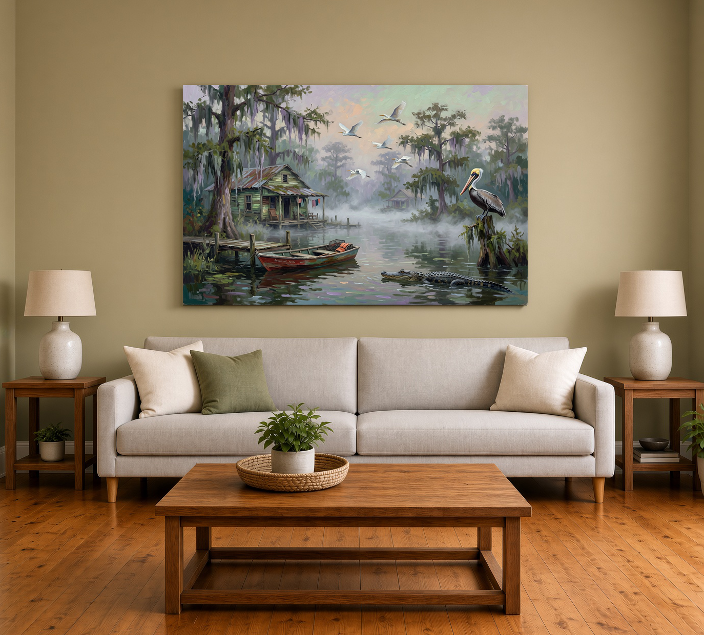 Misty Bayou Haven: Pelican, Egret & Alligator Fine Art Print