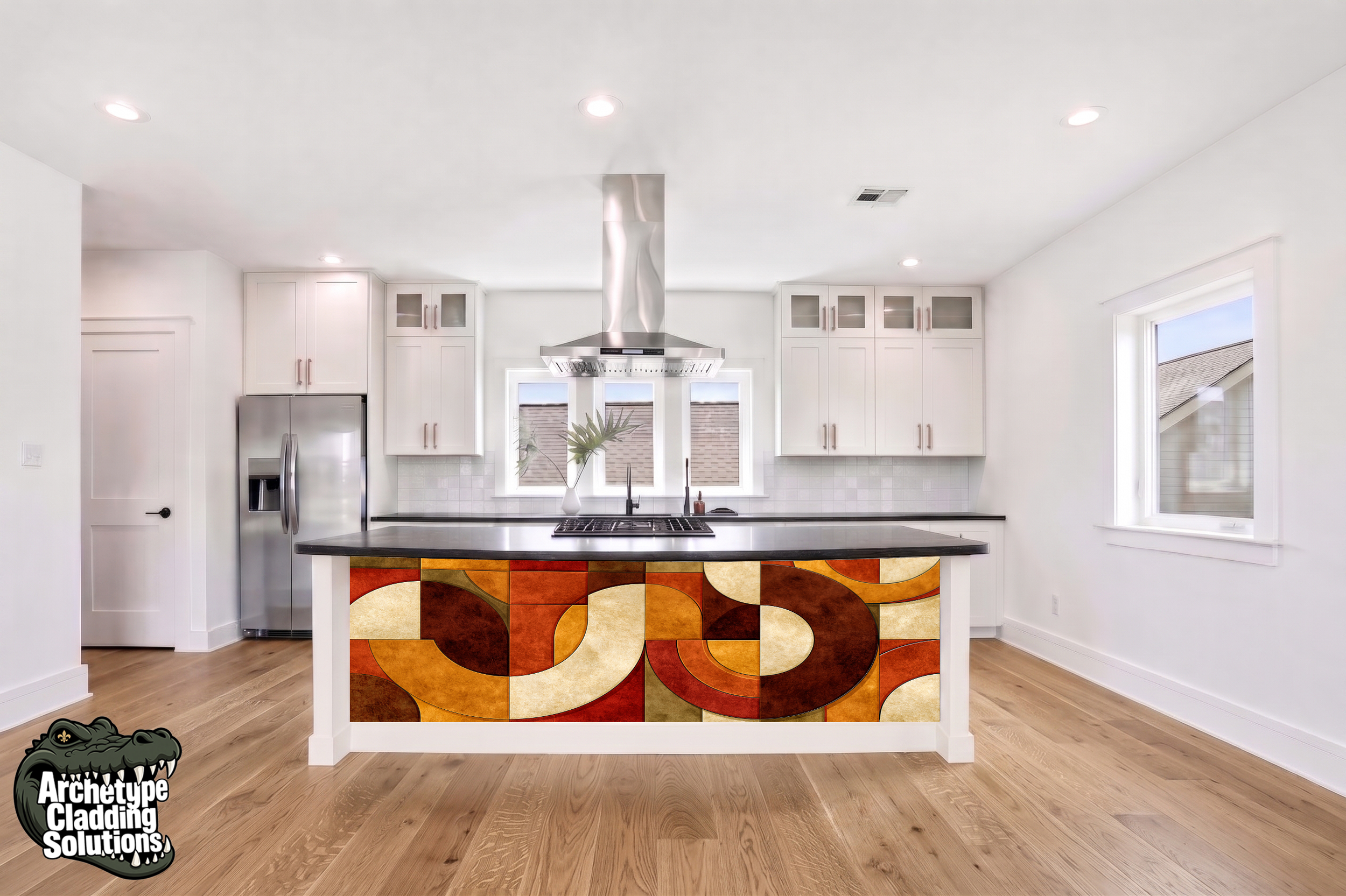 Mid-Century Amber & Rust Wood Arc Mosaic – Architectural Kitchen Island Cladding