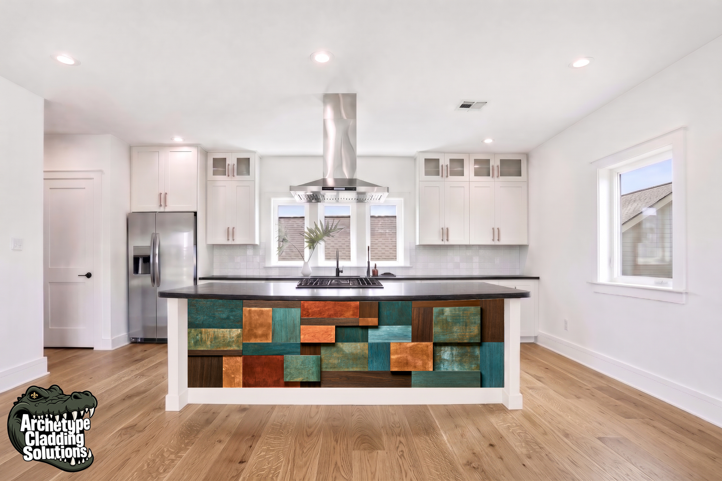 Multi-Color Dyed Wood Block Pattern – Architectural Kitchen Island Cladding