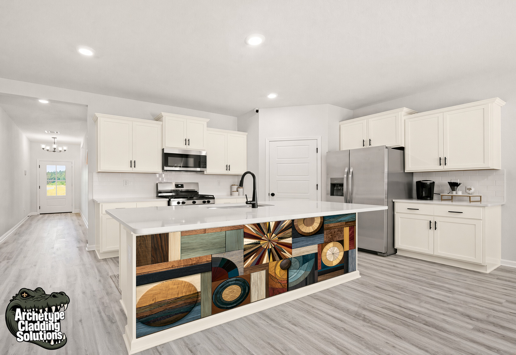 Multi-Directional Starburst & Geometric Parquet – Architectural Kitchen Island Cladding
