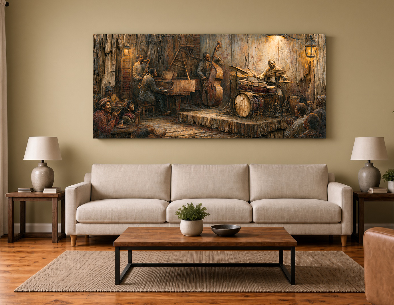Painterly Wood Intarsia Bourbon Street Jazz Club Wall Art Print II