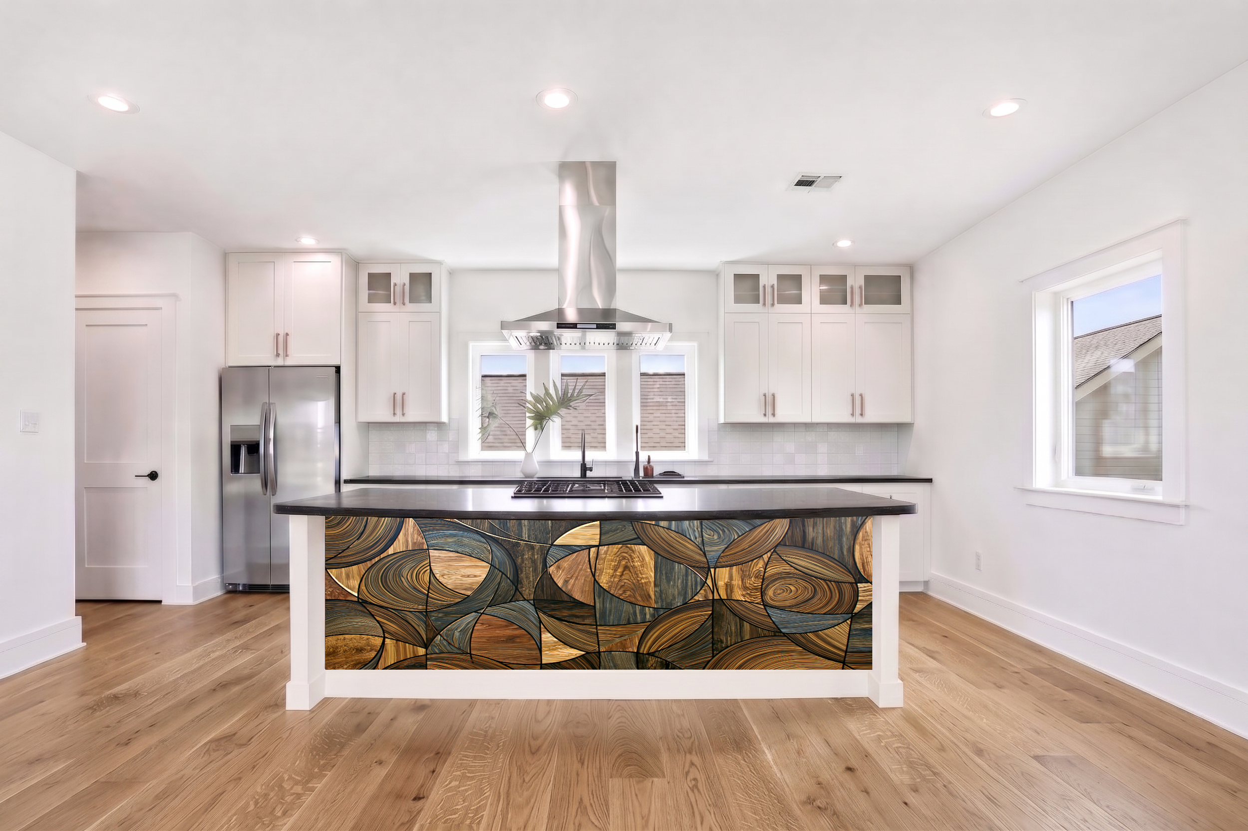 Dark Walnut & Smoked Oak Overlapping Circle Marquetry – Architectural Cladding Panels