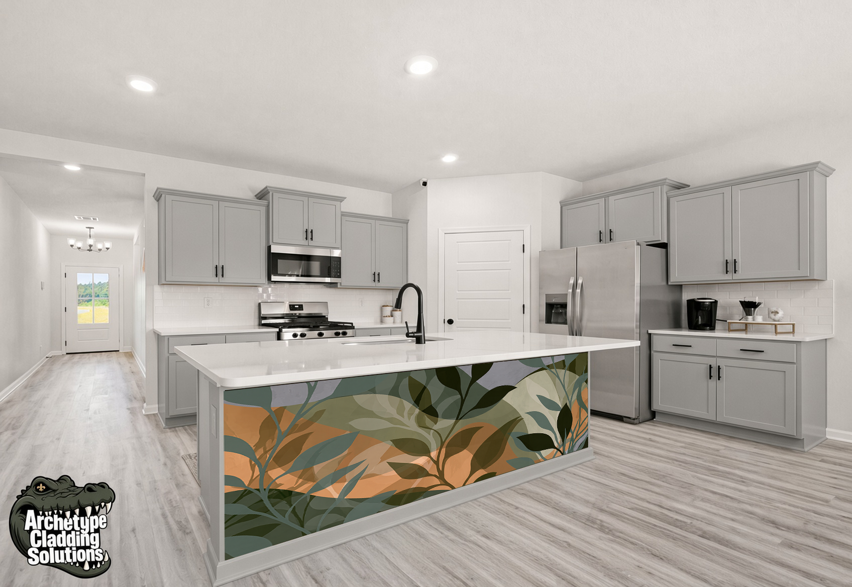Terracotta & Sage Botanical Leaves – Architectural Kitchen Island Cladding