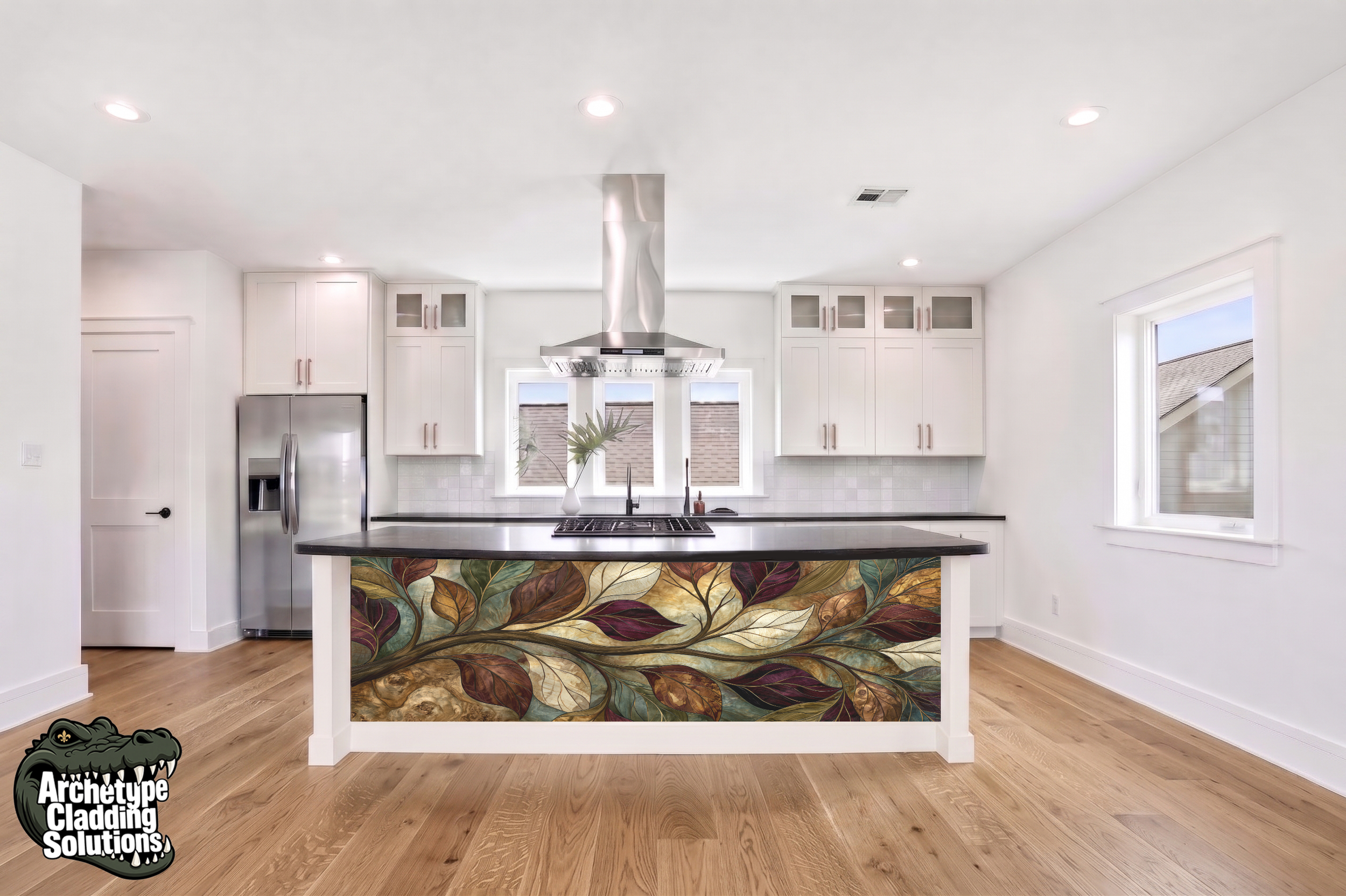 Burgundy & Sage Foliage Wave – Architectural Kitchen Island Cladding