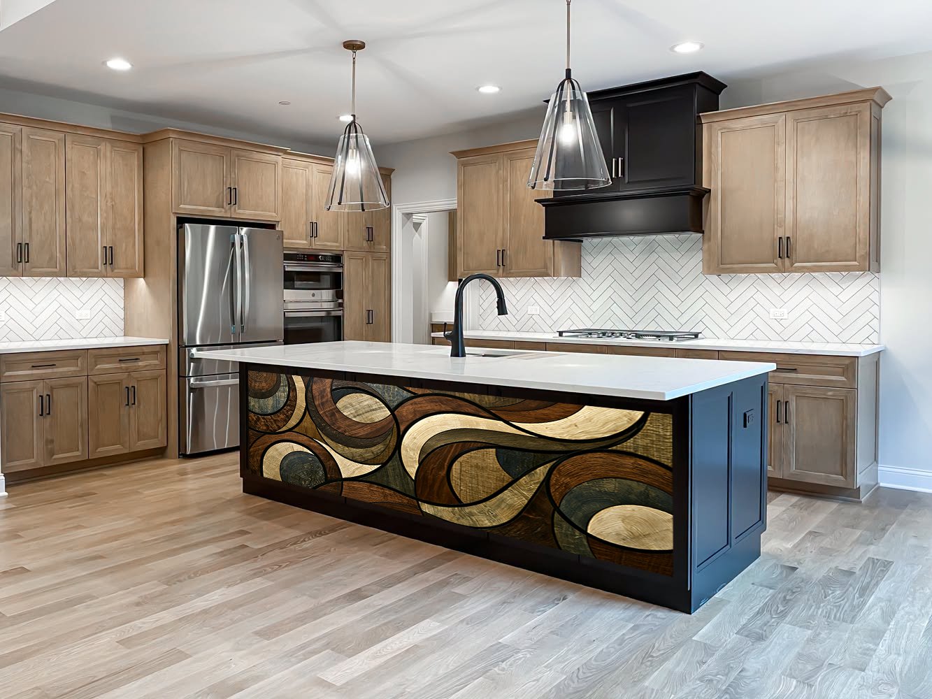 Swirling Wave Marquetry – Architectural Kitchen Island Cladding