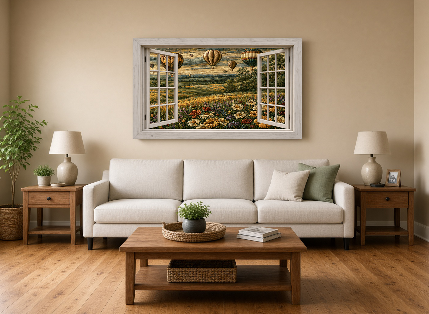 Hot Air Balloons Over Wildflower Meadow Windowscape Fine Art Print
