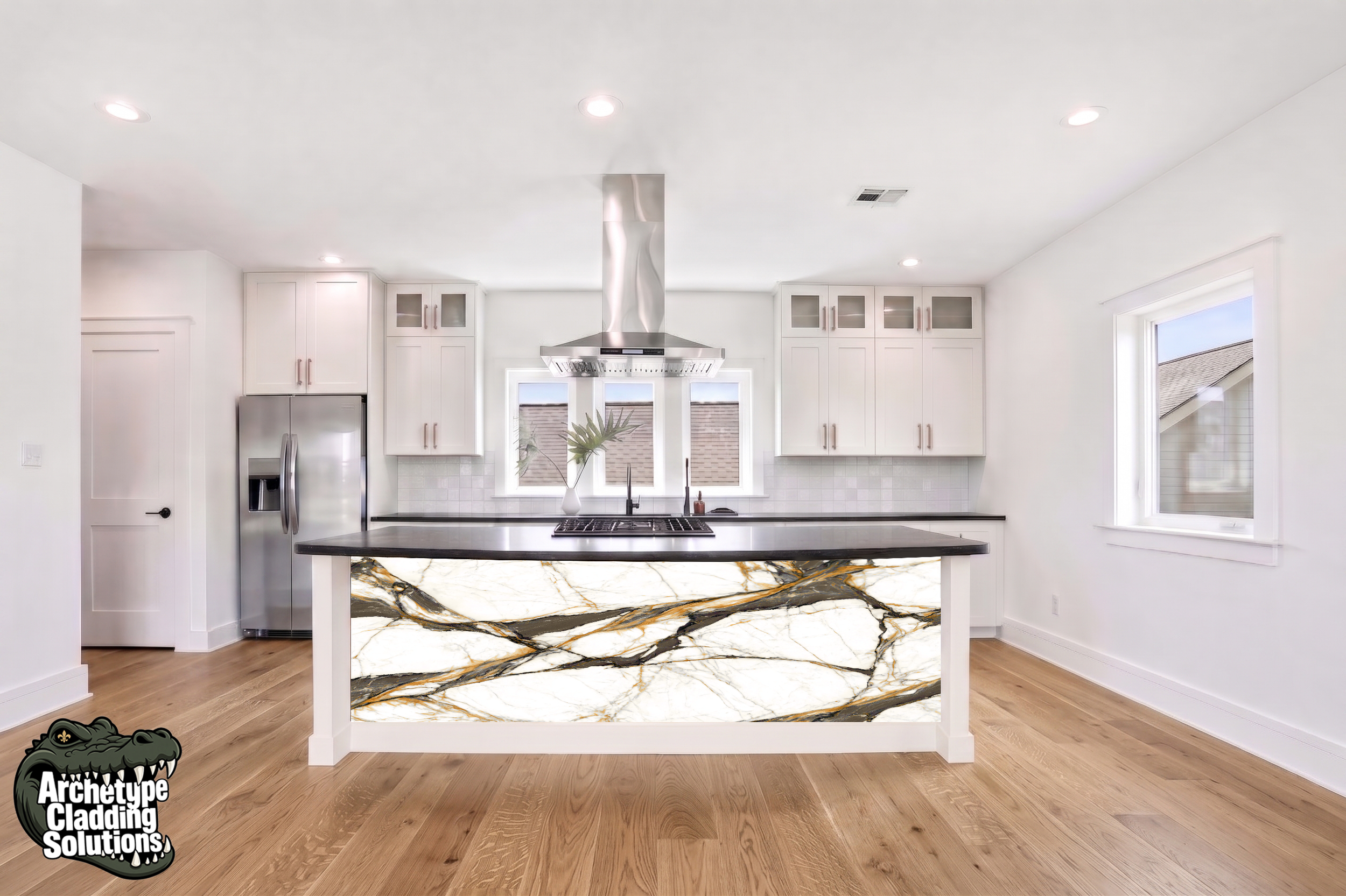 Gold-Veined Calacatta Marble & Black Fissure – Architectural Kitchen Island Cladding