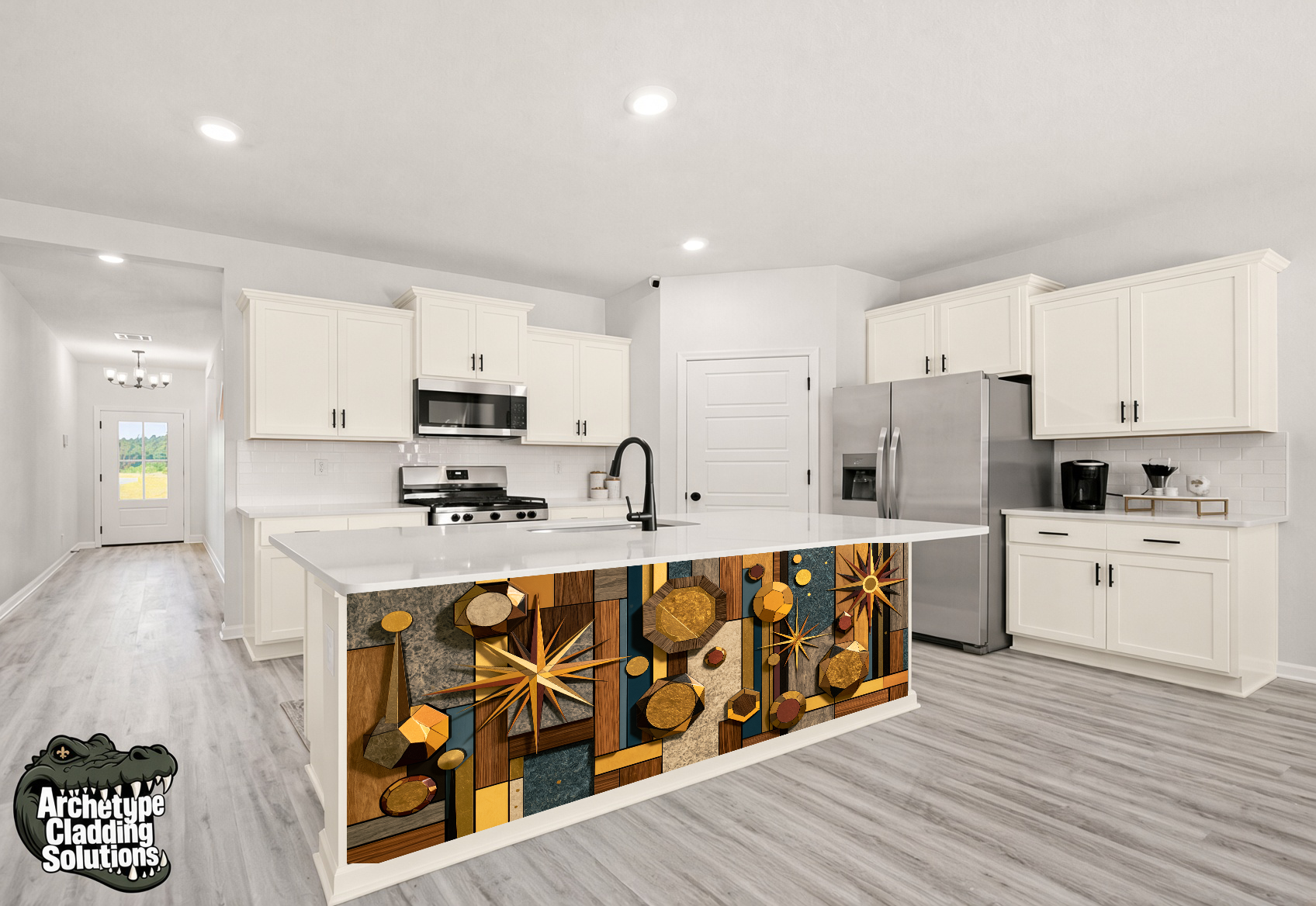 3D Geometric Walnut & Burl Block Inlay – Architectural Kitchen Island Cladding