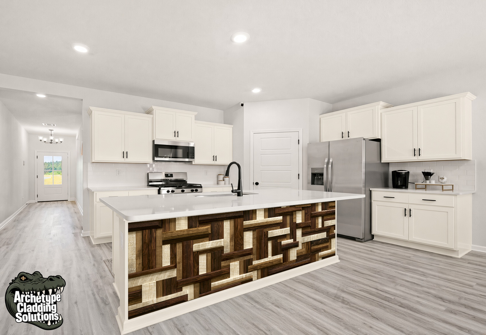 3D Interlocking Wood Block & Geometric Weave IV – Architectural Kitchen Island Cladding
