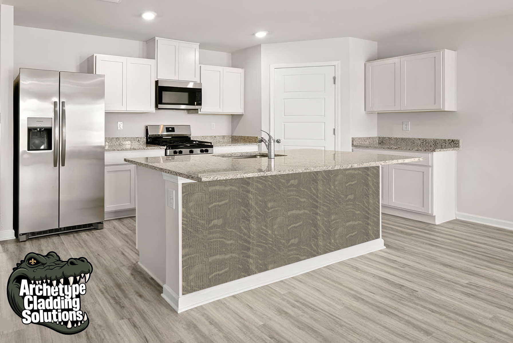 Custom Color Modern Tiger Oak Grain – Architectural Kitchen Island Cladding