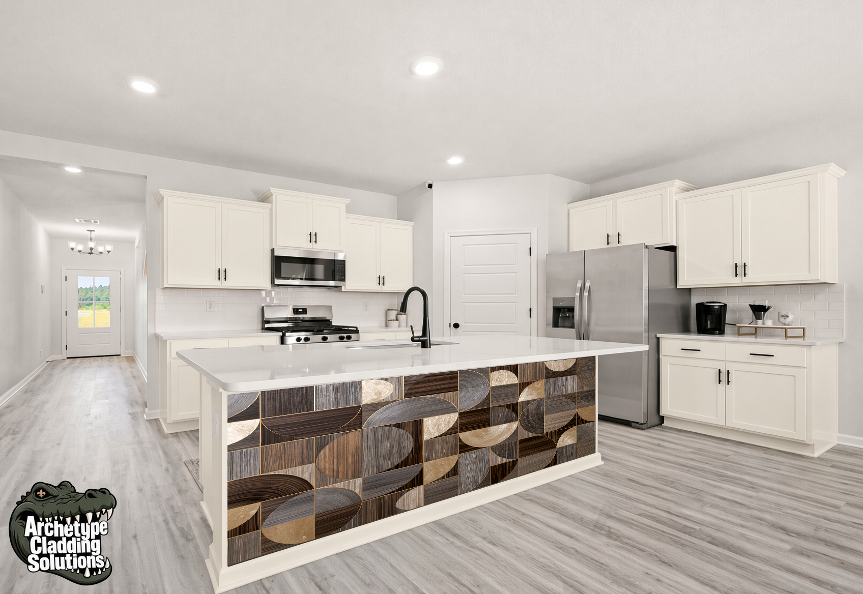Arched Geometric Wood Marquetry – Architectural Kitchen Island Cladding