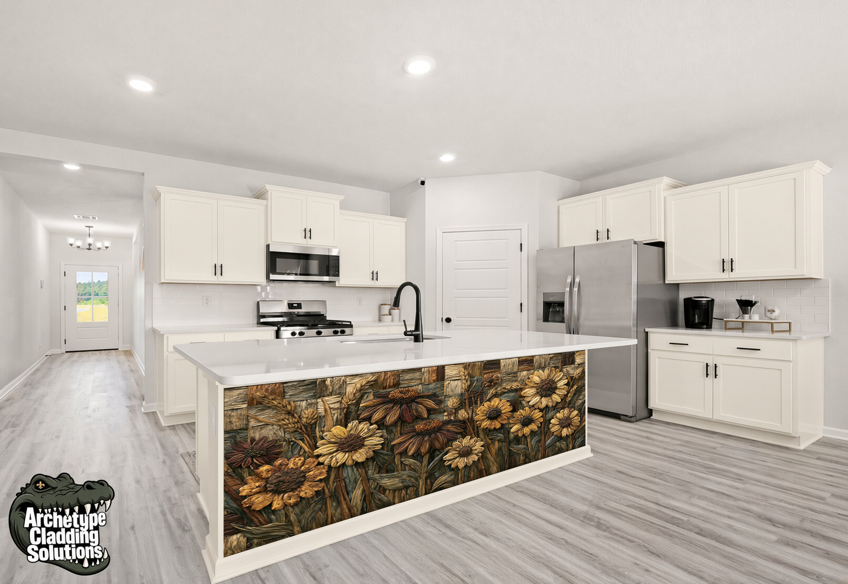 Carved Golden Sunflower Inlay – Architectural Kitchen Island Cladding