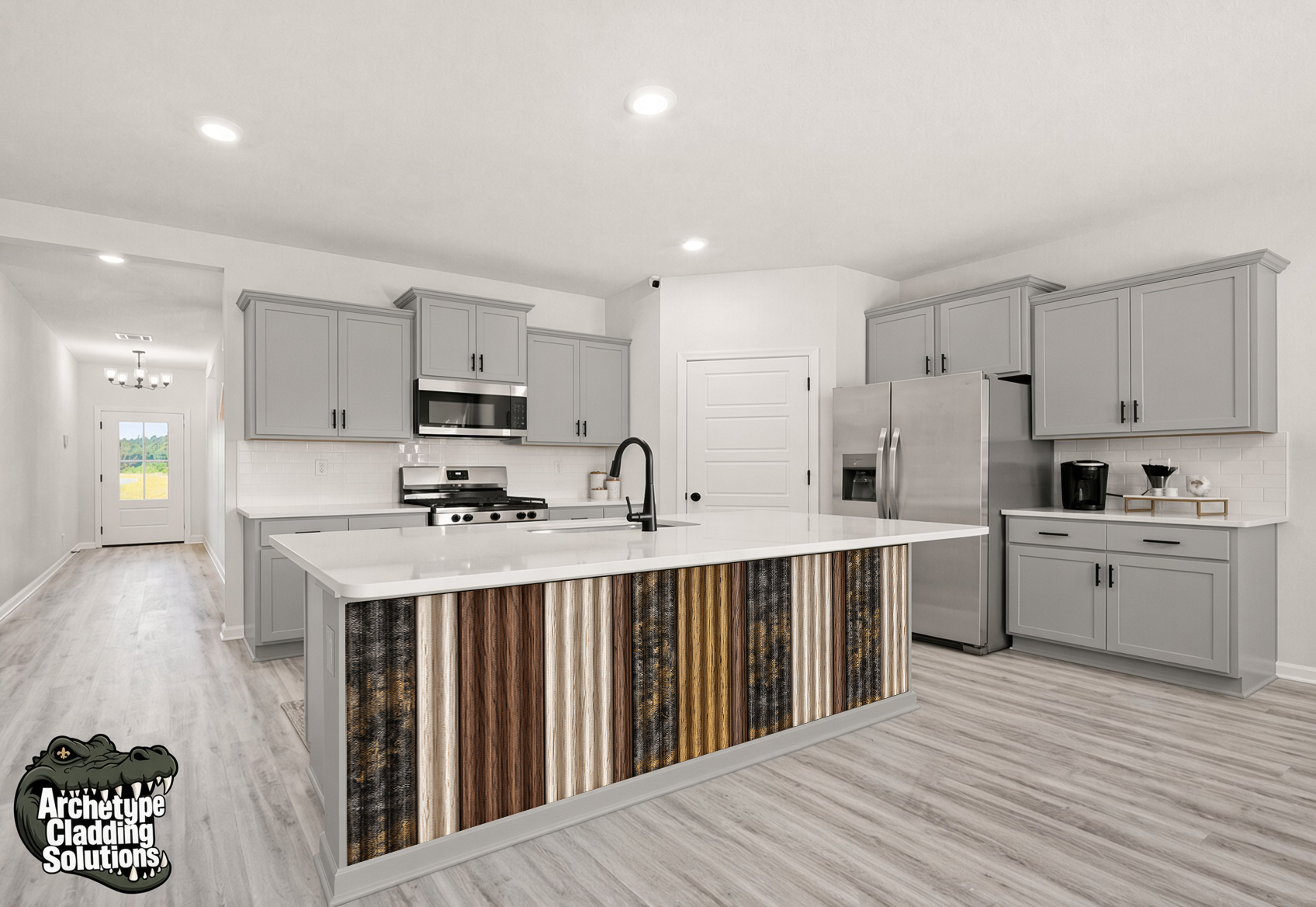Vertical Grain Tambour & Block Parquet – Architectural Kitchen Island Cladding