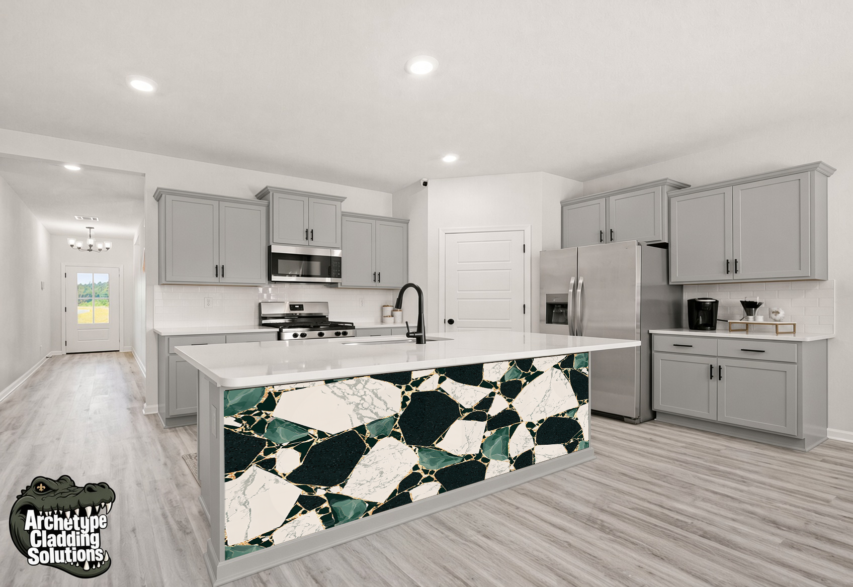 Emerald & Black Macro Terrazzo – Architectural Kitchen Island Cladding