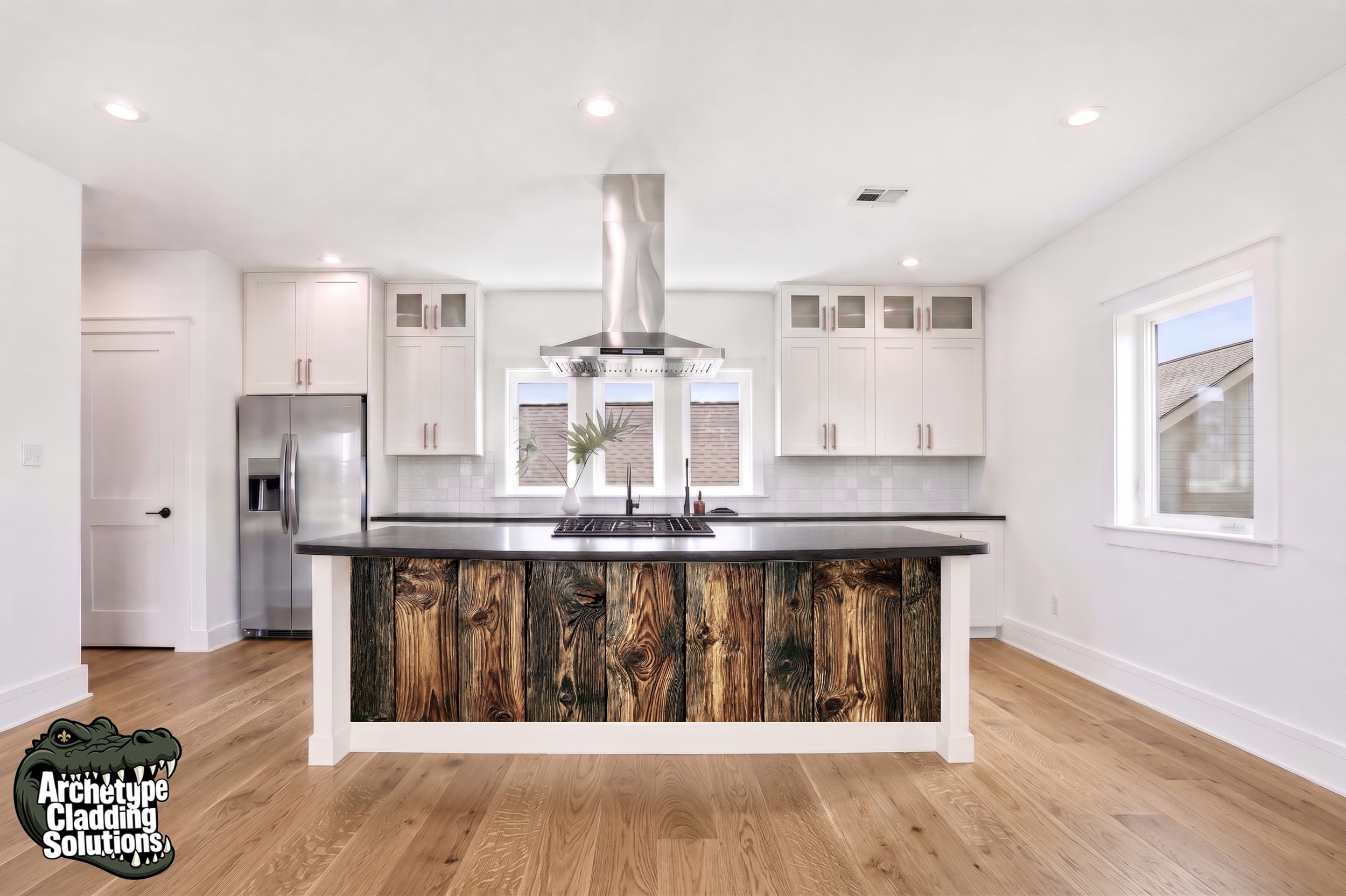 Burnished Bronze Metal & Wood Inlay – Architectural Kitchen Island Cladding