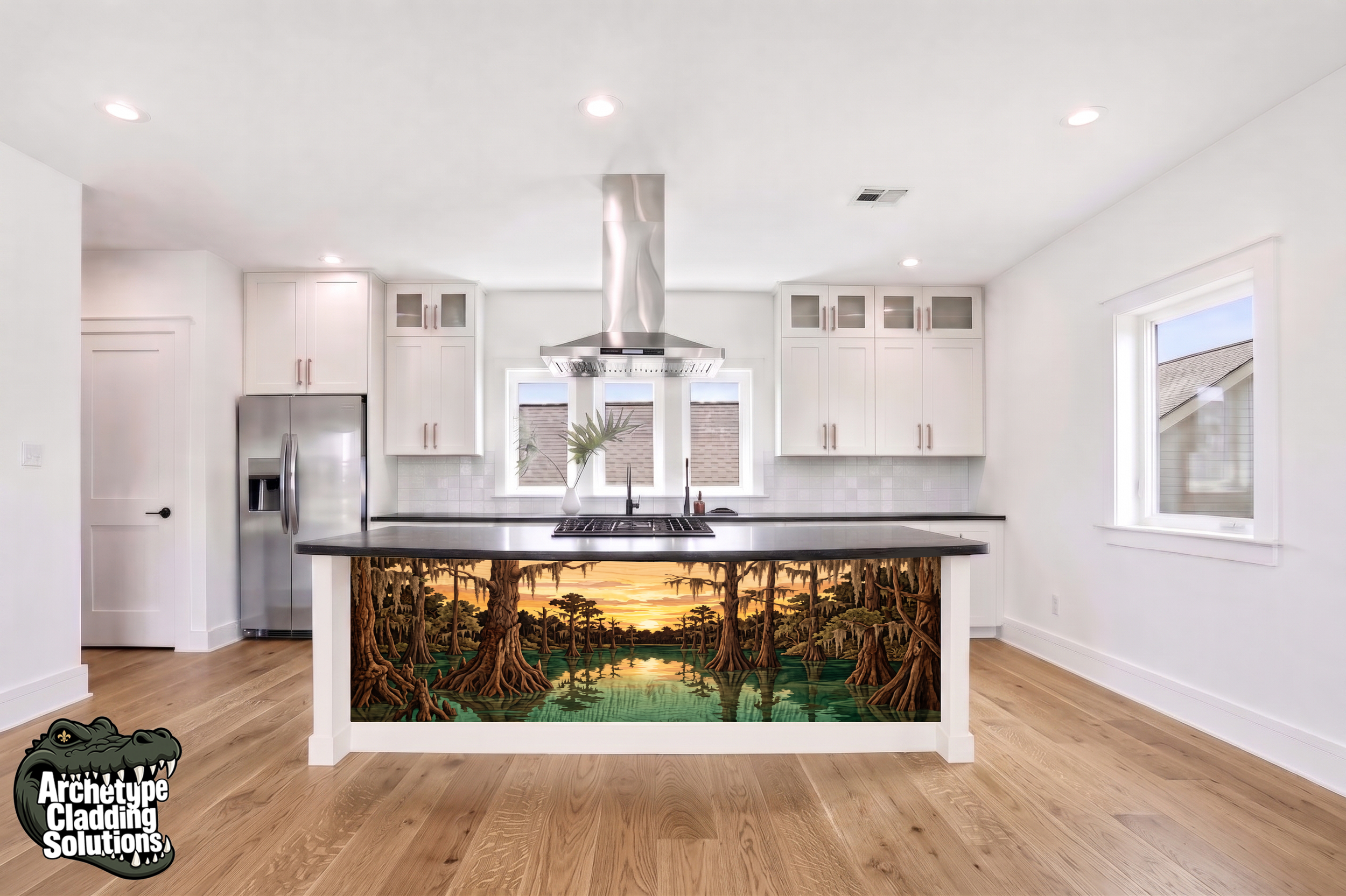 Cypress Bayou Sunset Fine Art Intarsia – Architectural Kitchen Island Cladding