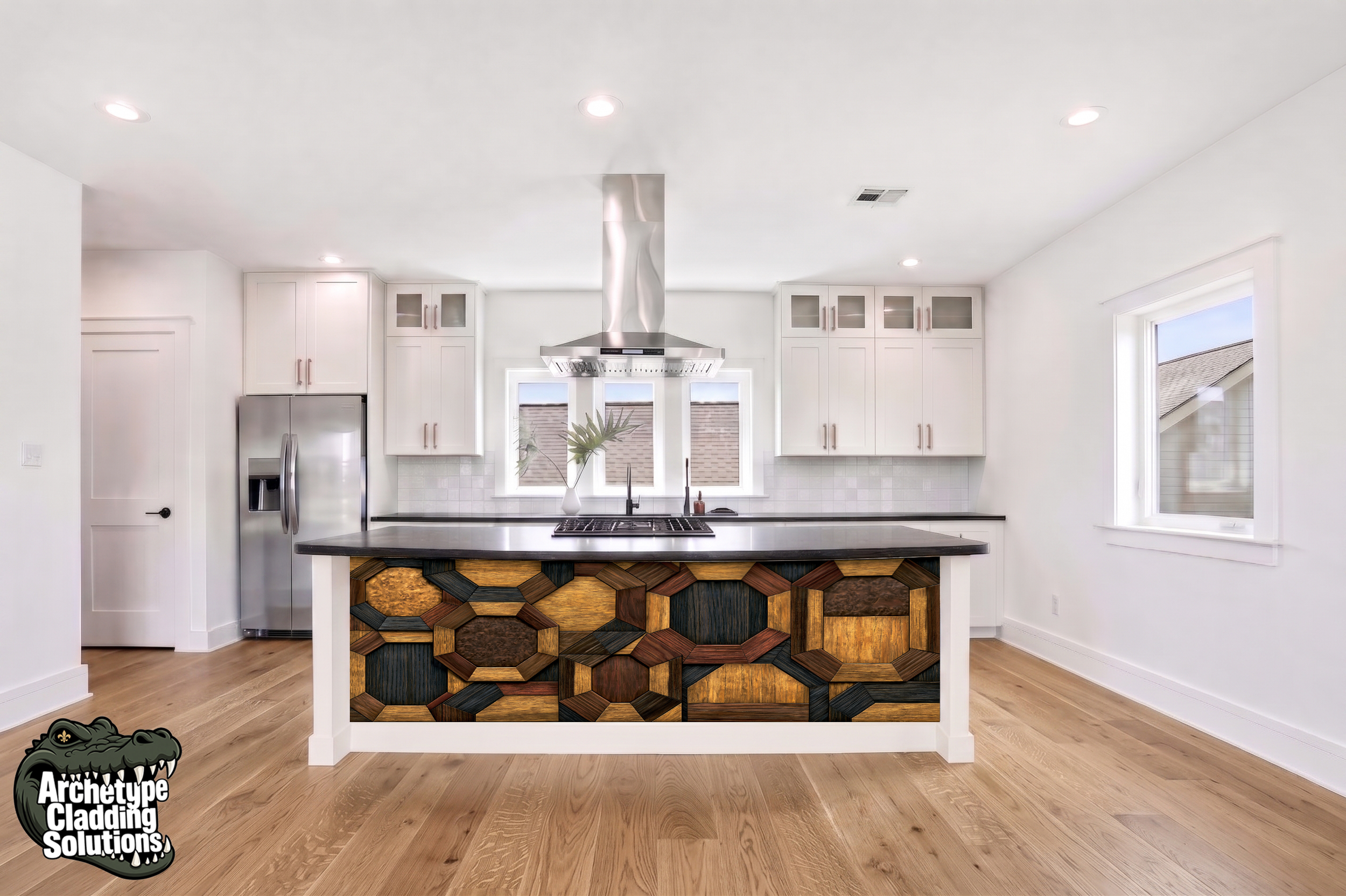 Geometric Octagon Wood Block Marquetry – Architectural Kitchen Island Cladding