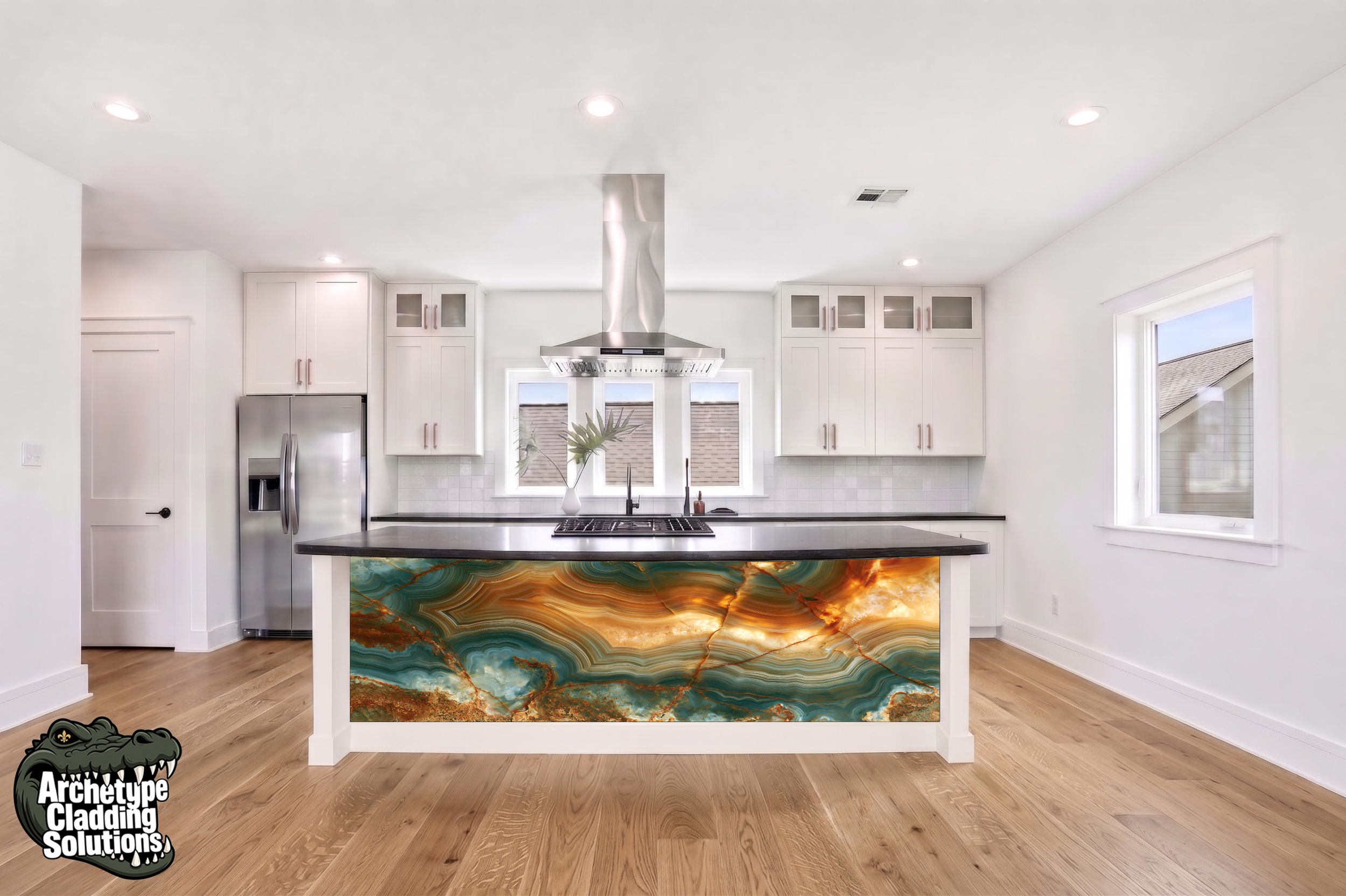 Teal Fire Agate – Architectural Kitchen Island Cladding