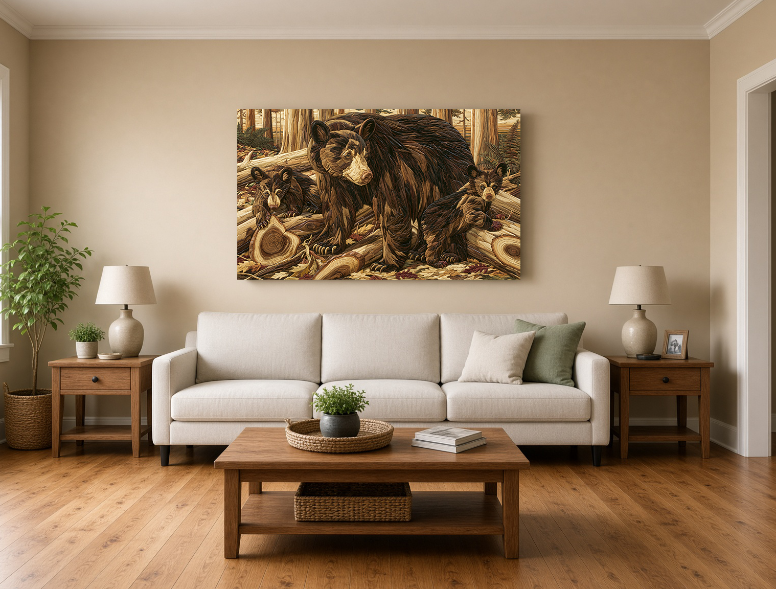 Painterly Wood Intarsia Louisiana Black Bear & Cubs Wall Art
