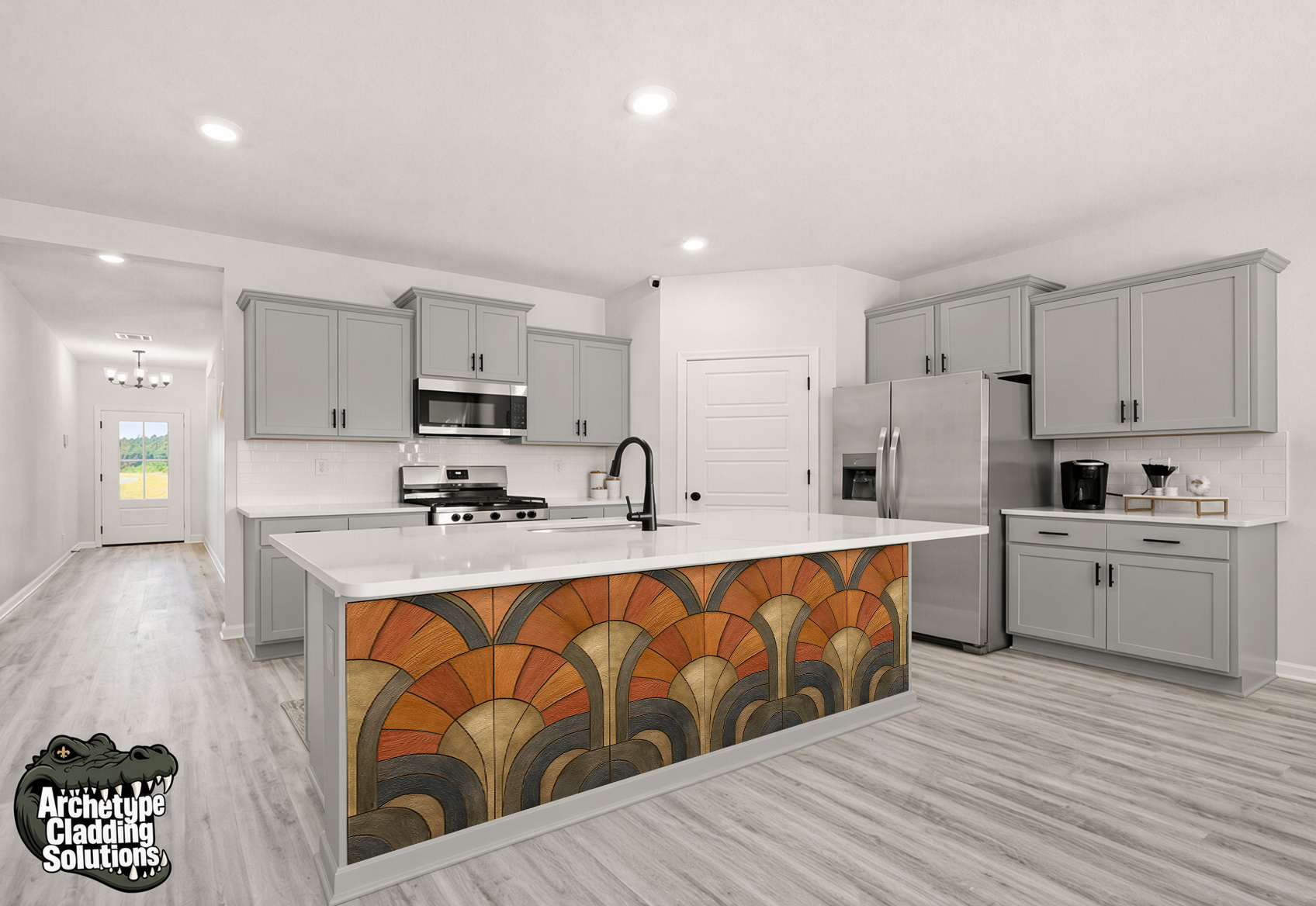 Retro Art Deco Terracotta Fan & Sunburst Arc – Architectural Kitchen Island Cladding
