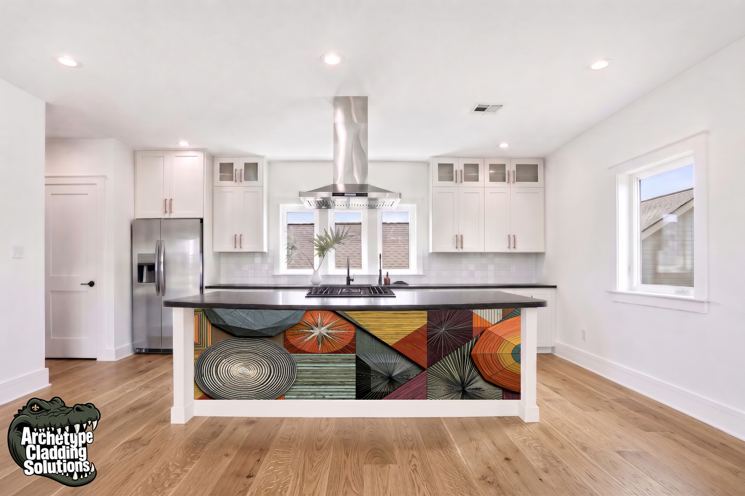 Radiant Multi-Tone Sunburst Marquetry – Architectural Kitchen Island Cladding