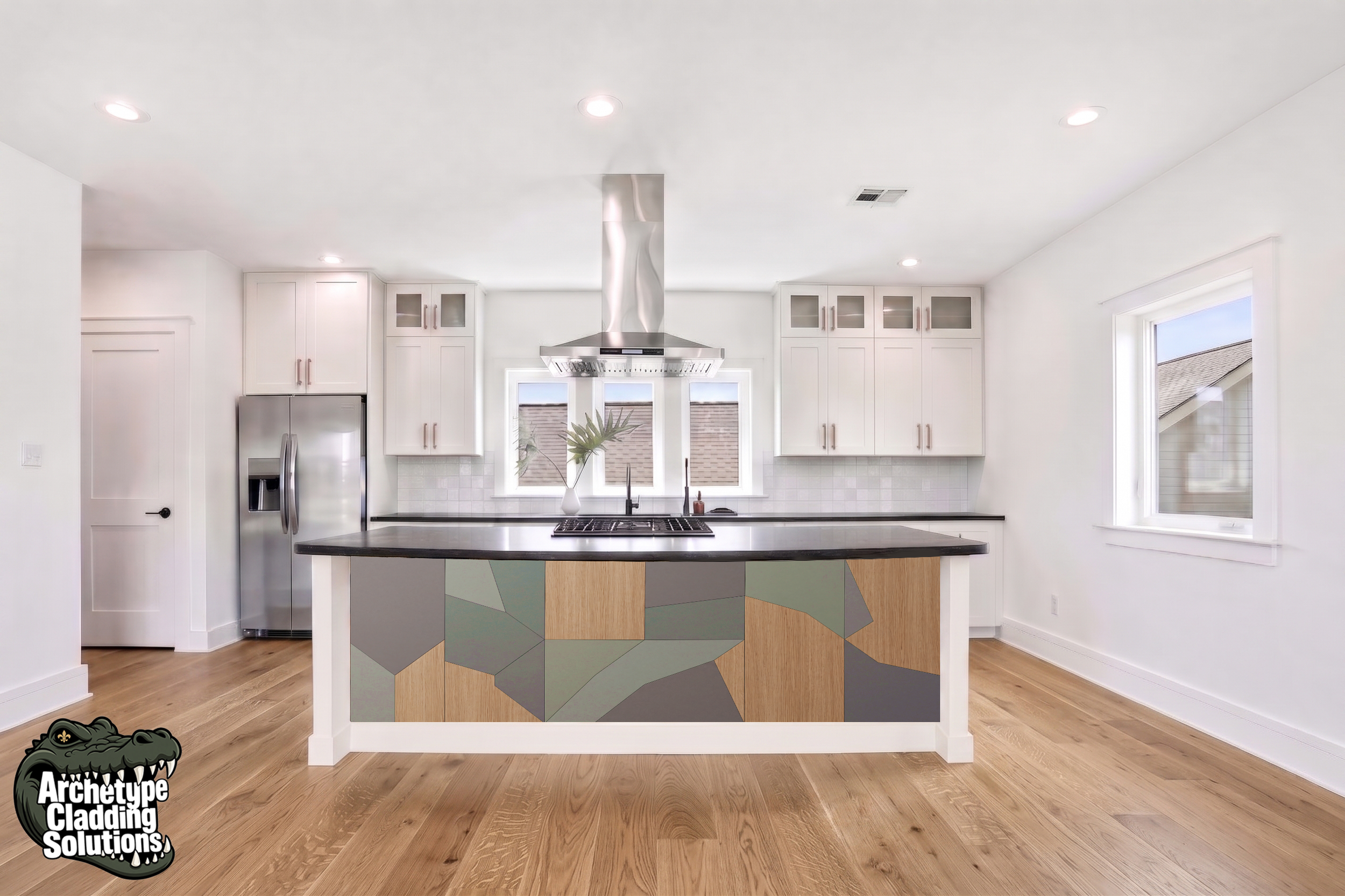 Muted Geometric Inlay – Architectural Kitchen Island Cladding