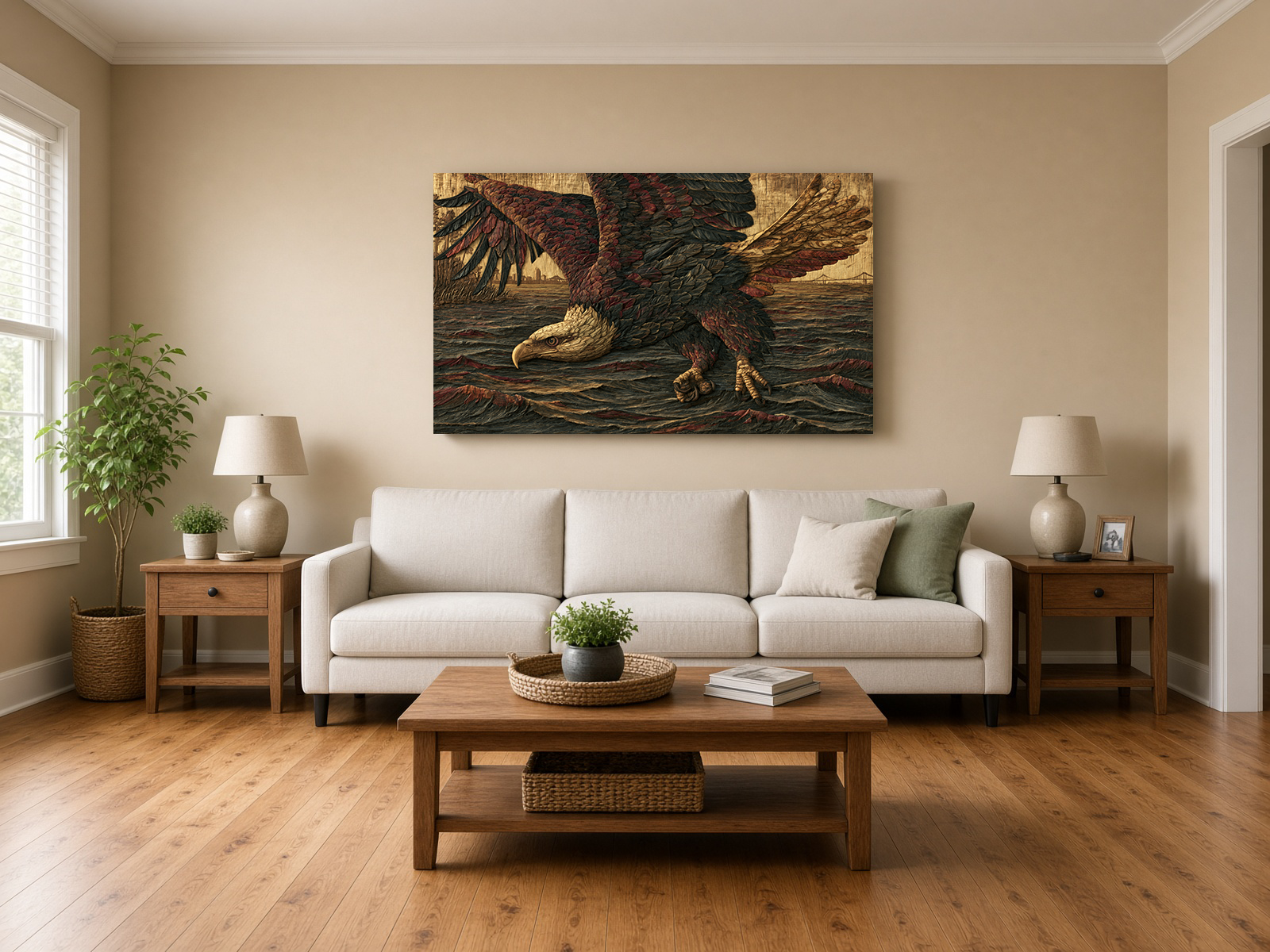 Painterly Wood Intarsia Bald Eagle over Golden Gate Bridge San Francisco Wall Art