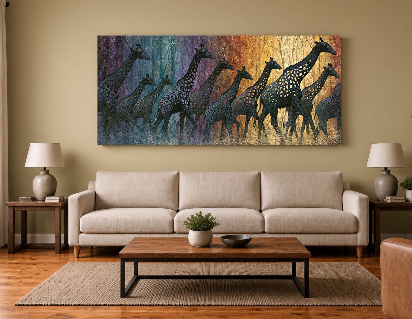 Golden Sunburst Giraffes: Modern Botanical Wall Art