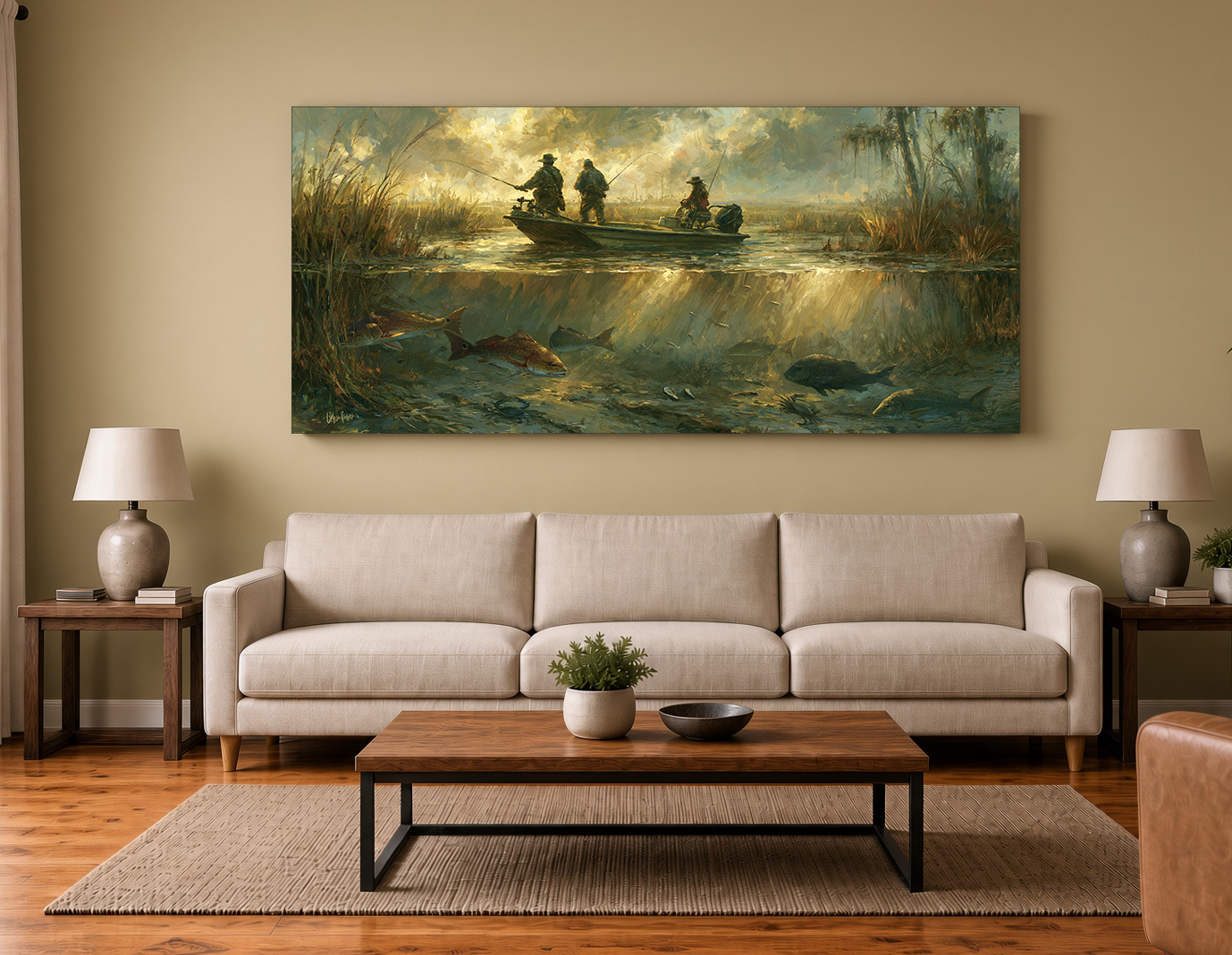 Louisiana Marsh Fishing Wood Intarsia Fine Art Print