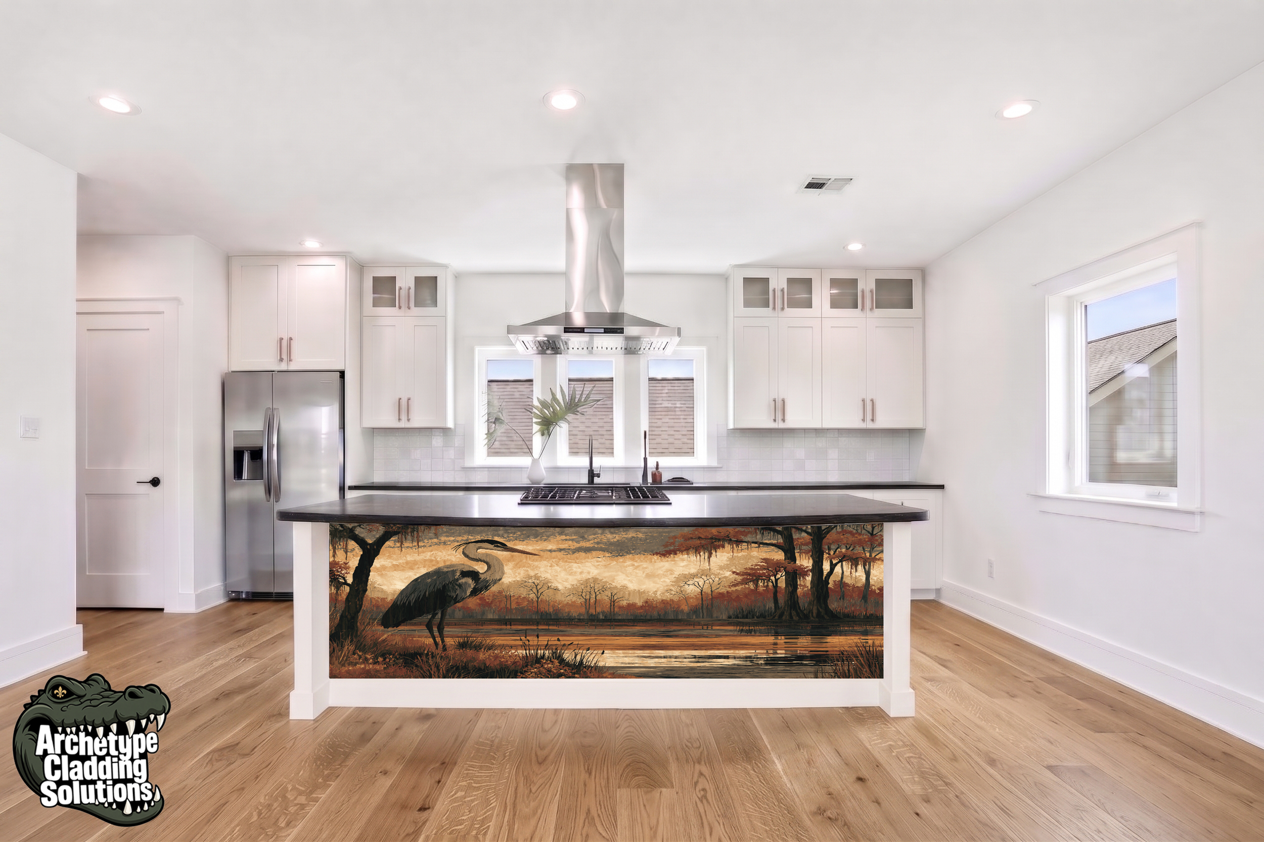Louisiana Bayou Blue Heron Marquetry – Architectural Kitchen Island Cladding