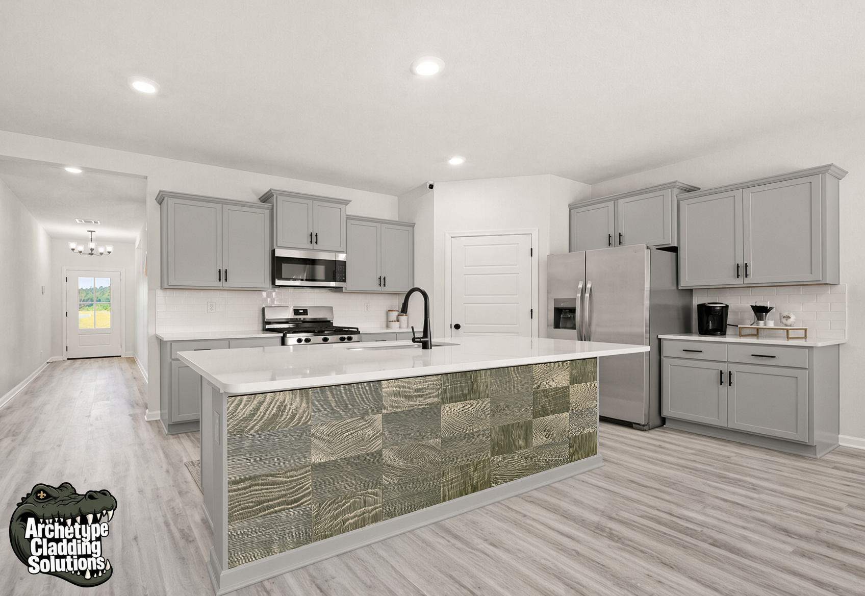 Muted Driftwood Oak Checkerboard Parquet – Architectural Kitchen Island Cladding