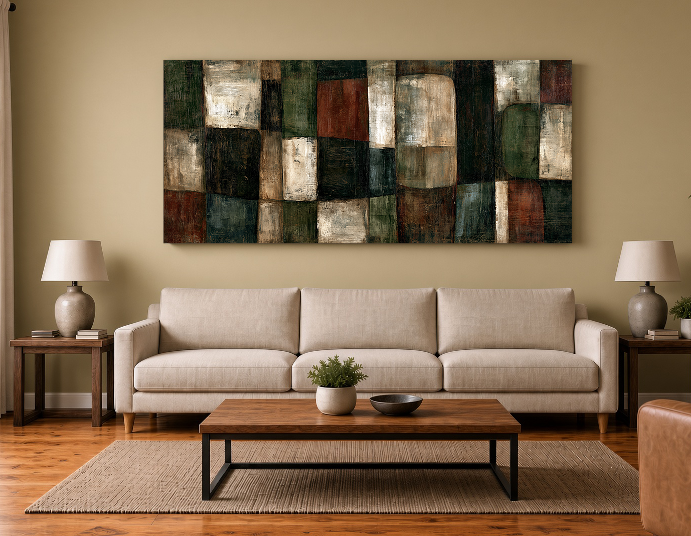 Distressed Geometric Grid: Painterly Wood Marquetry