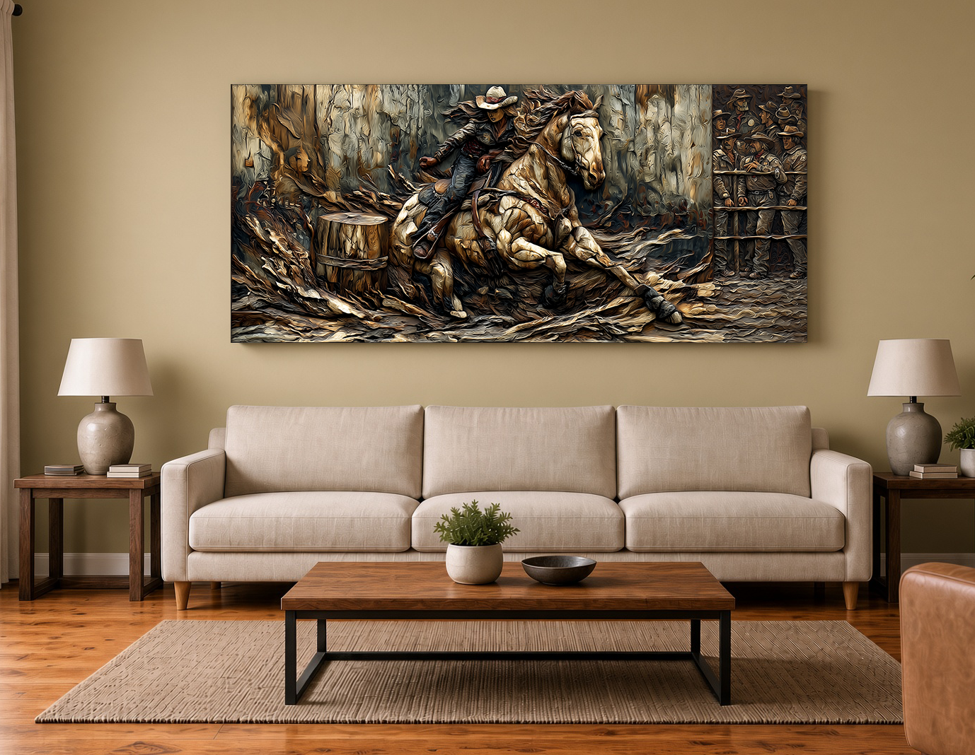 Painterly Wood Intarsia Barrel Racing with Onlookers Wall Art