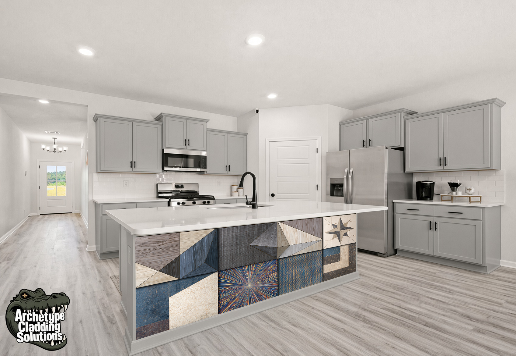 Multi-Directional Starburst & Geometric Parquet II – Architectural Kitchen Island Cladding