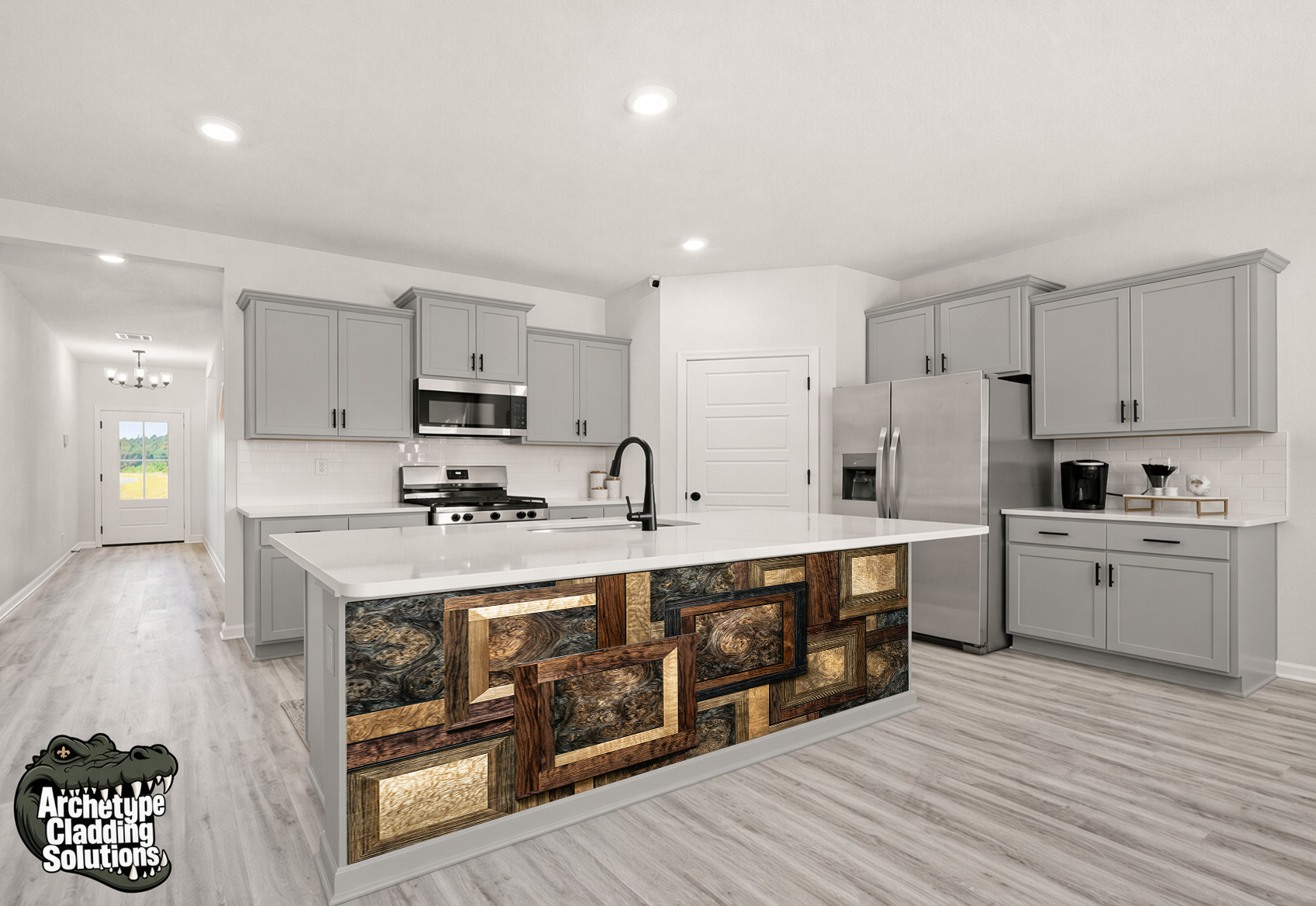 Dark Walnut Burl & Amber Nested Frame Marquetry – Architectural Cladding Panels