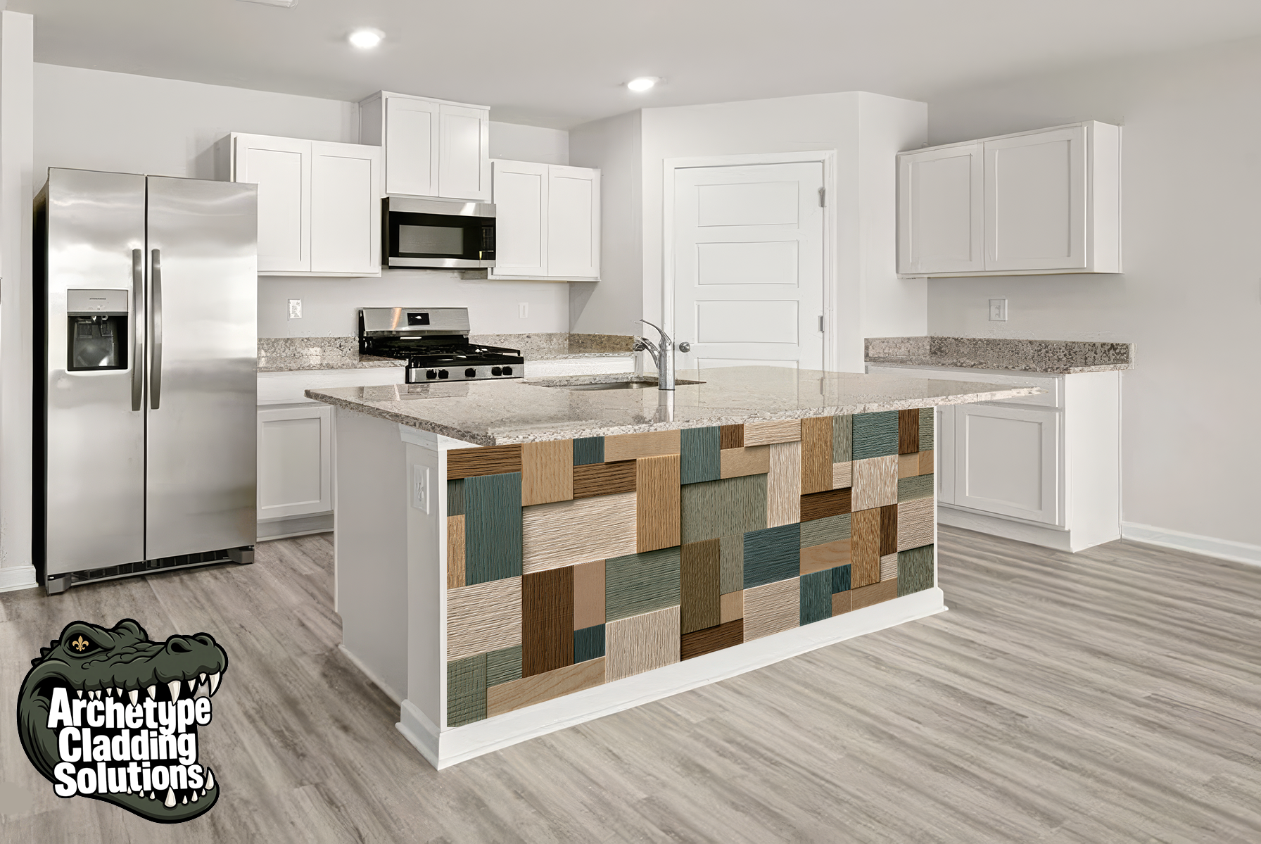 Multi-Directional Sage Teal & Gold Block – Architectural Kitchen Island Cladding