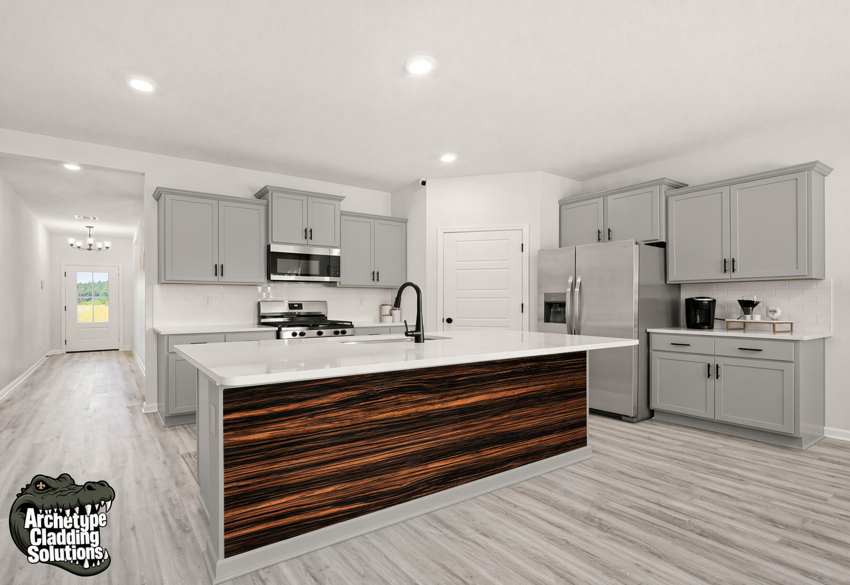 Linear Rosewood Grain – Architectural Kitchen Island Cladding