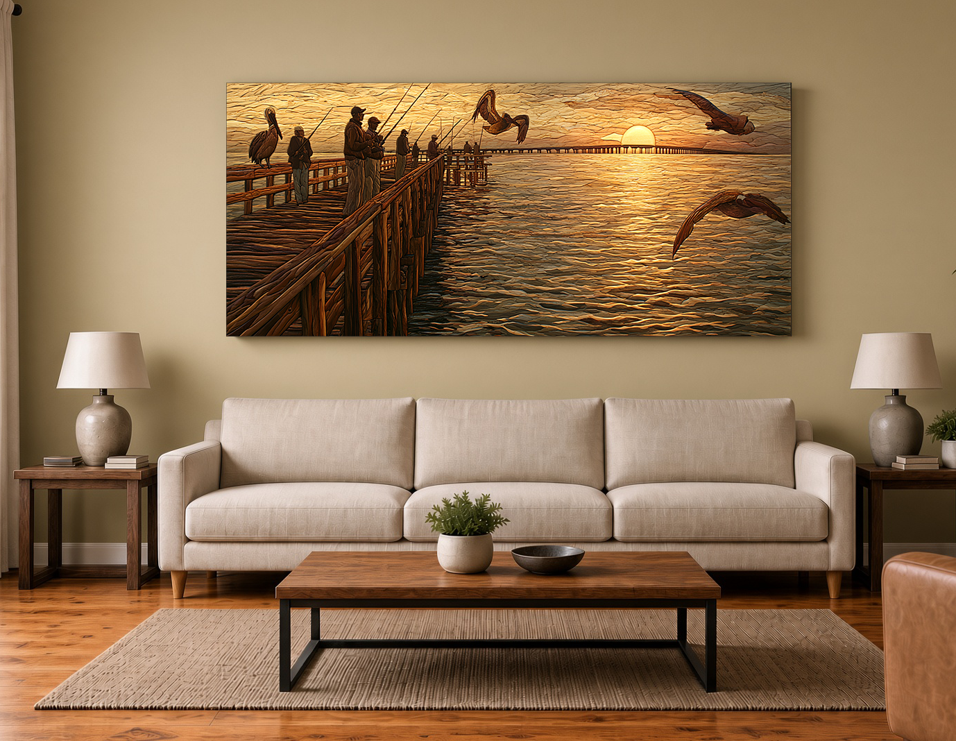 Painterly Wood Intarsia Sunset Fishing Pier Lake Pontchartrain Wall Art