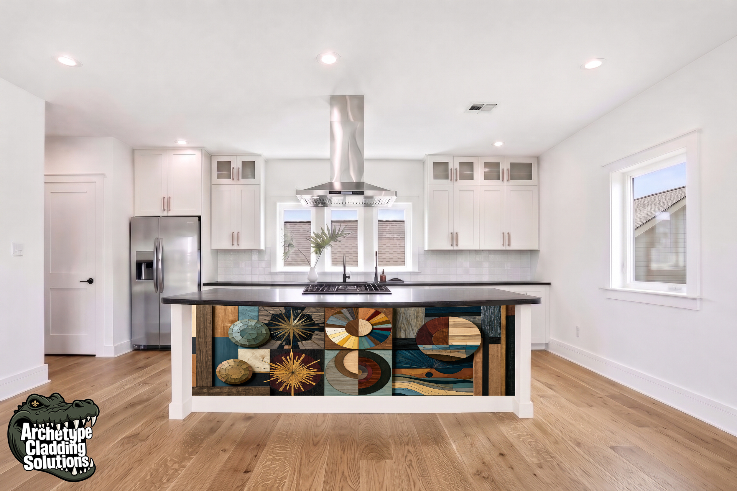 Radiant Multi-Tone Sunburst Marquetry II – Architectural Kitchen Island Cladding