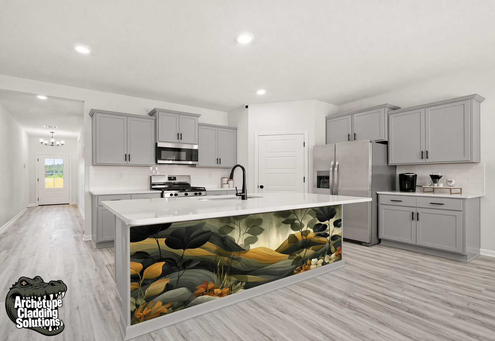 Golden Mist Botanical Forest – Architectural Kitchen Island Cladding