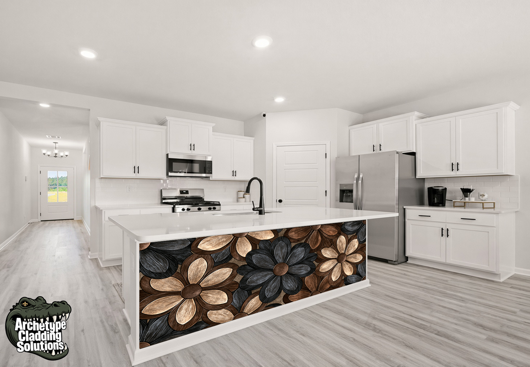 Charcoal & Amber Floral Bloom Marquetry – Architectural Kitchen Island Cladding