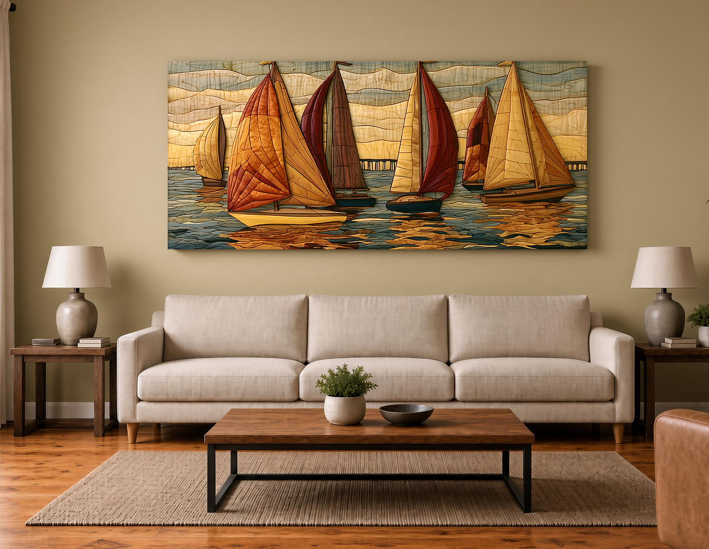 Product name Aniline Dyed Wood Intarsia Sailboats in Lake Pontchartrain Wall Art