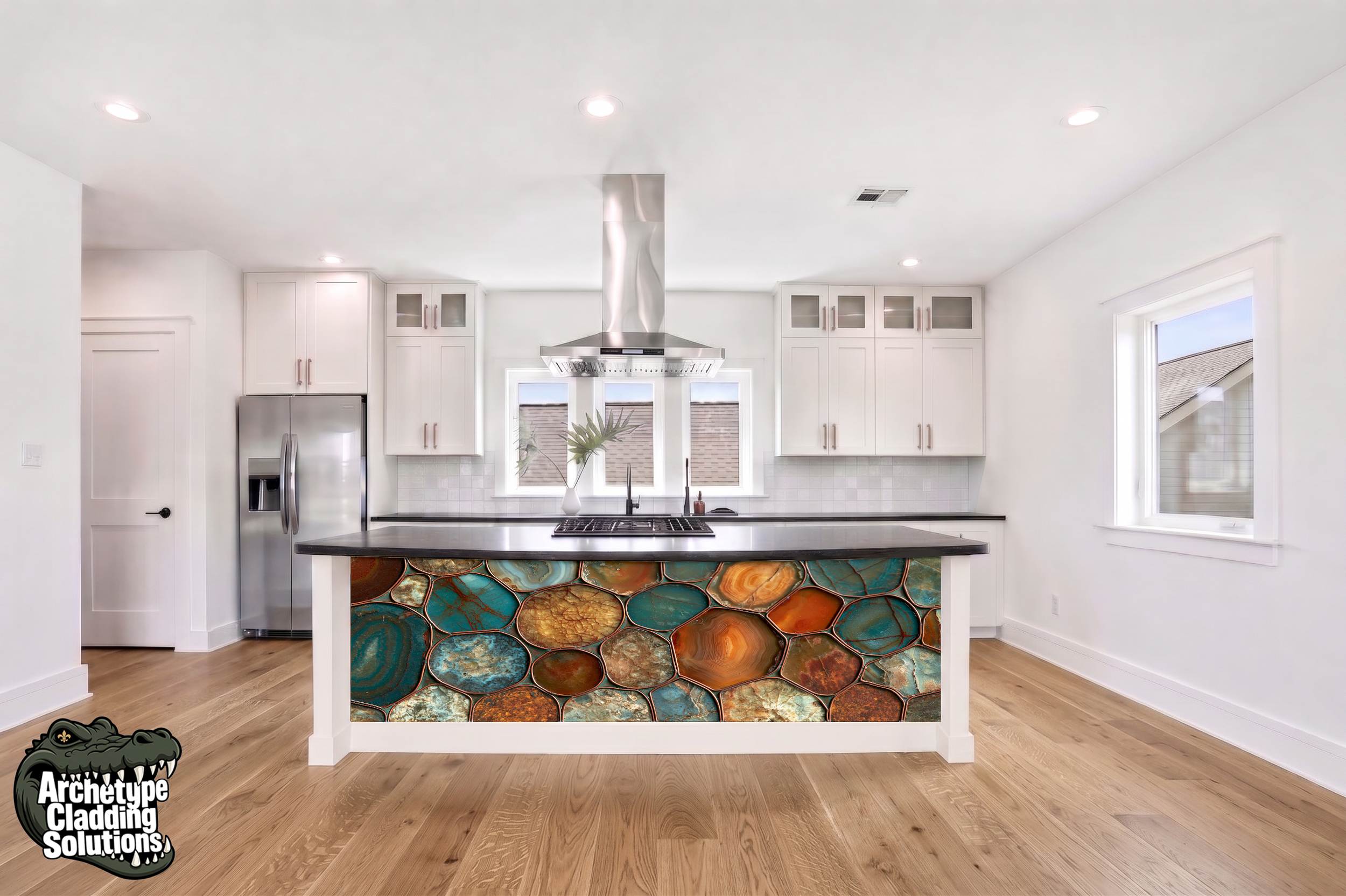 Warm Earth Agate & Quartz Mosaic – Architectural Kitchen Island Cladding