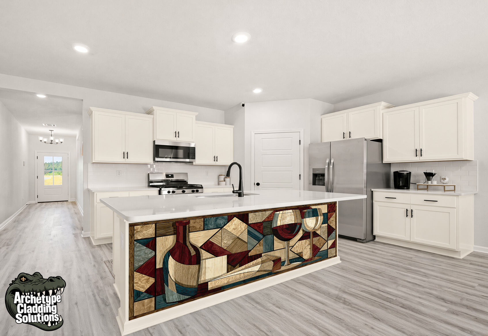 Modern Geometric Wine & Glasses – Architectural Kitchen Island Cladding