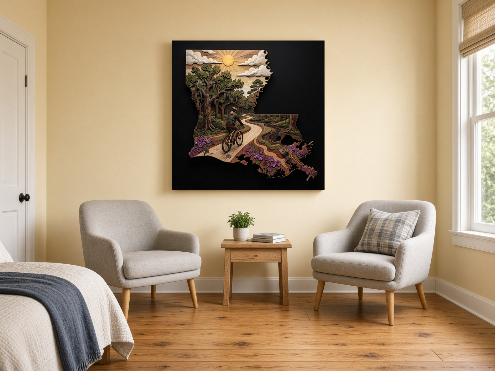 Painterly Wood Intarsia Bicycling Across Louisiana Fine Art Print